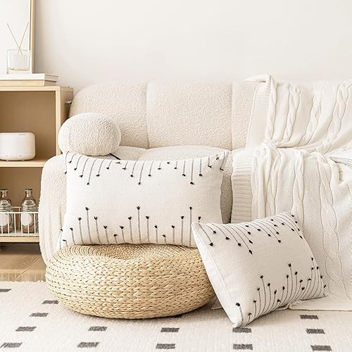 Miniatura 5 de LILEPOY Juego de 2 fundas de almohada bohemias de 12 x 20 pulgadas, decorativas, neutrales, texturizadas, fundas de almohada lumbares modernas para