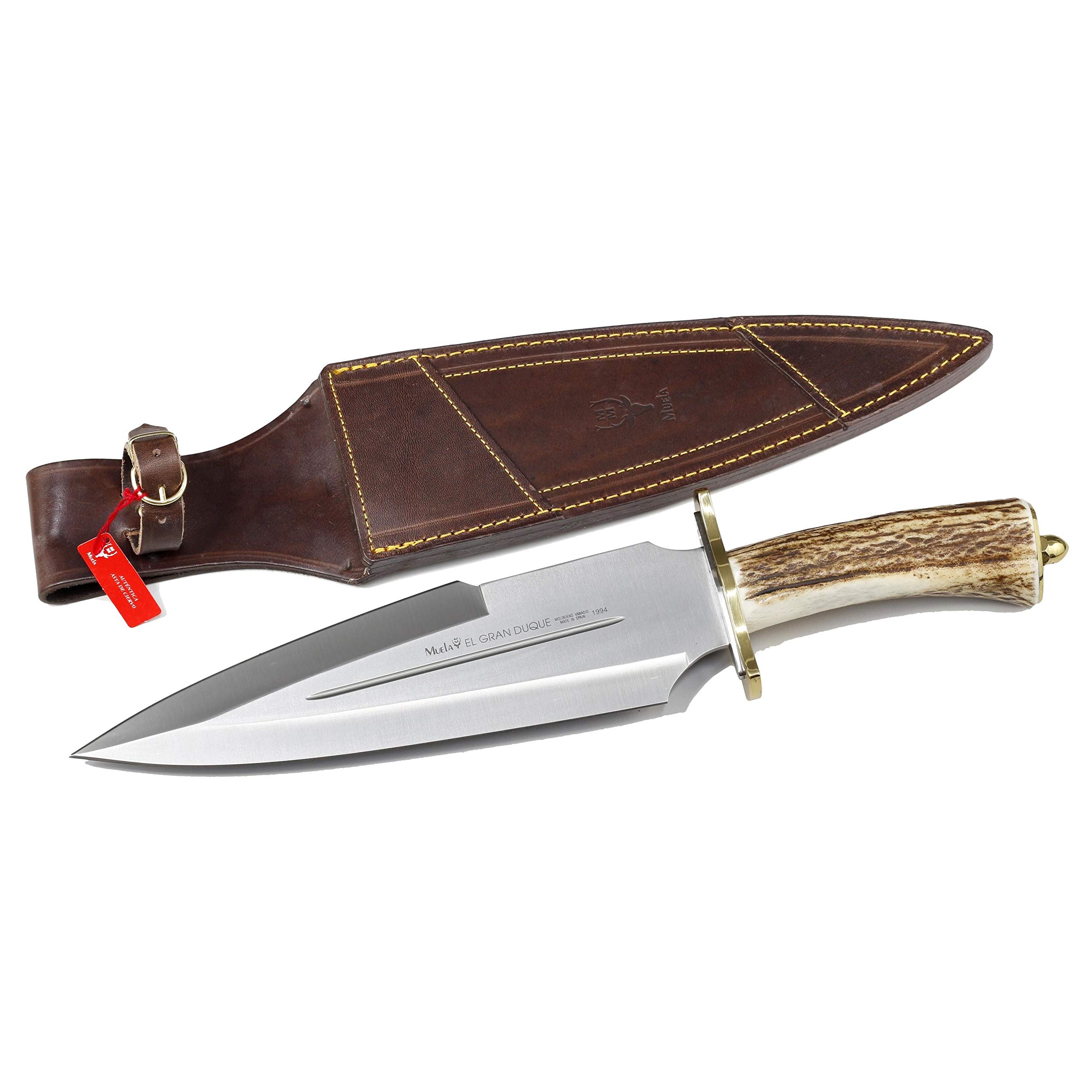 Muela Cuchillo Gran Duque DUQUE-25A hoja de acero MoVa de 26 cm y empuñadura de asta de ciervo para Caza, Pesca, Supervivencia y Bushcraft Realizado en Ciudad Real + Portabotellas de regalo