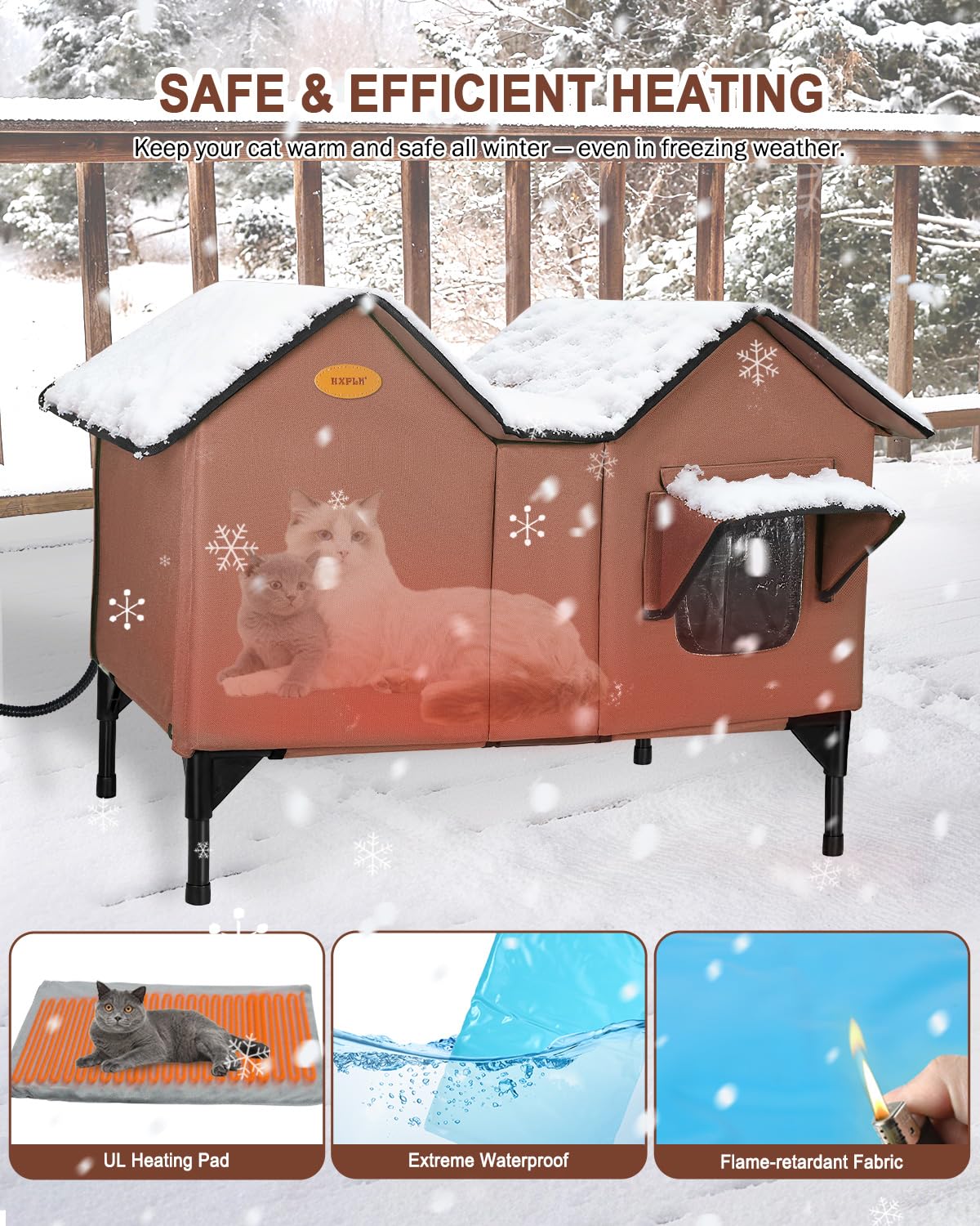 Niche chauffante pour chats d'extérieur en hiver, très grande maison chauffante d'extérieur résistante aux intempéries avec base surélevée et porte d'évasion, abri imperméable pour chats sauvages
