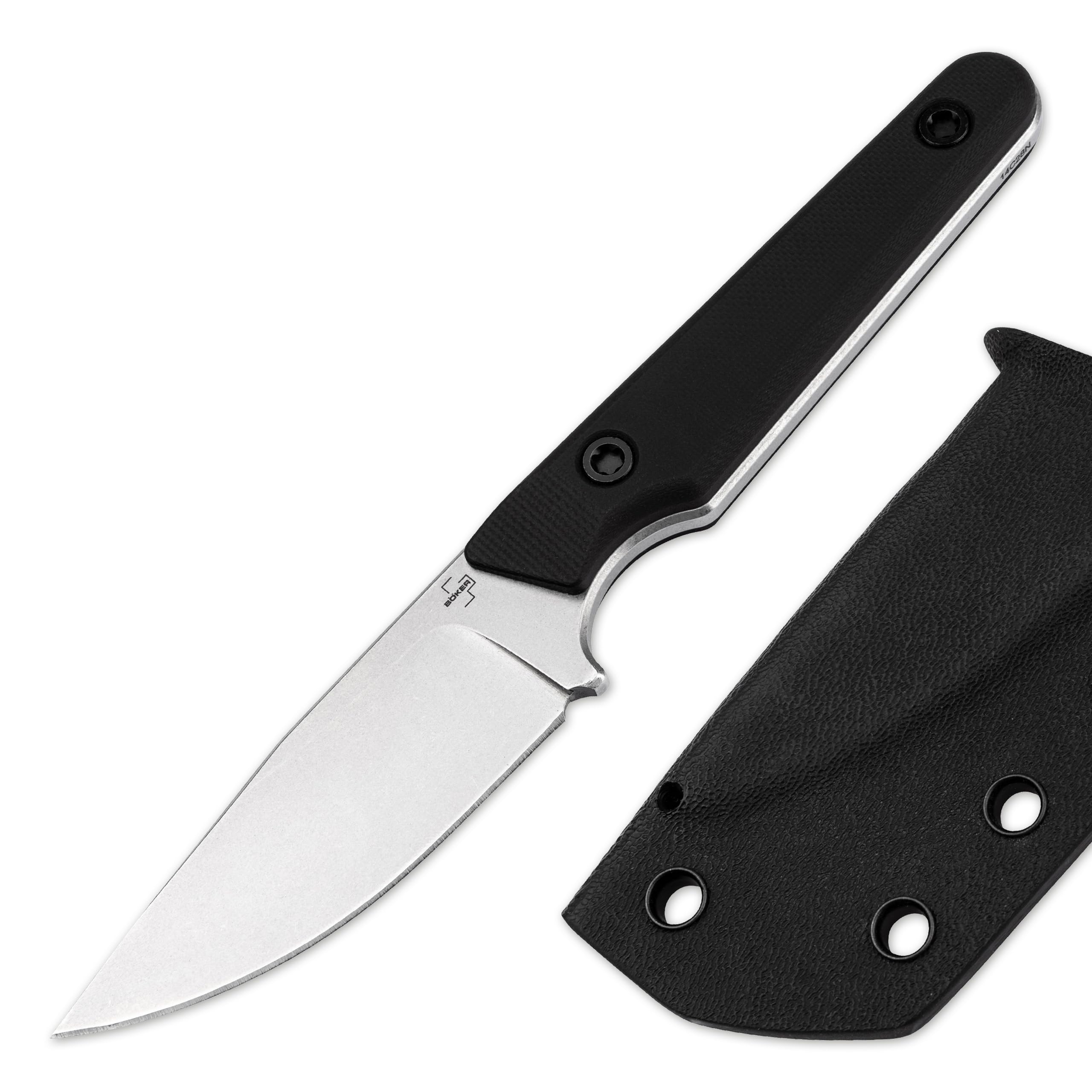 BÖKER PLUS® Sentinal - Outdoor Messer klein mit Kydexscheide & Clip - Neck Knife 42a konform mit 10 Griff schwarz - EDC Messer feststehend mit 7,5 cm Sandvik Klinge - Droppoint Gürtelmesser legal