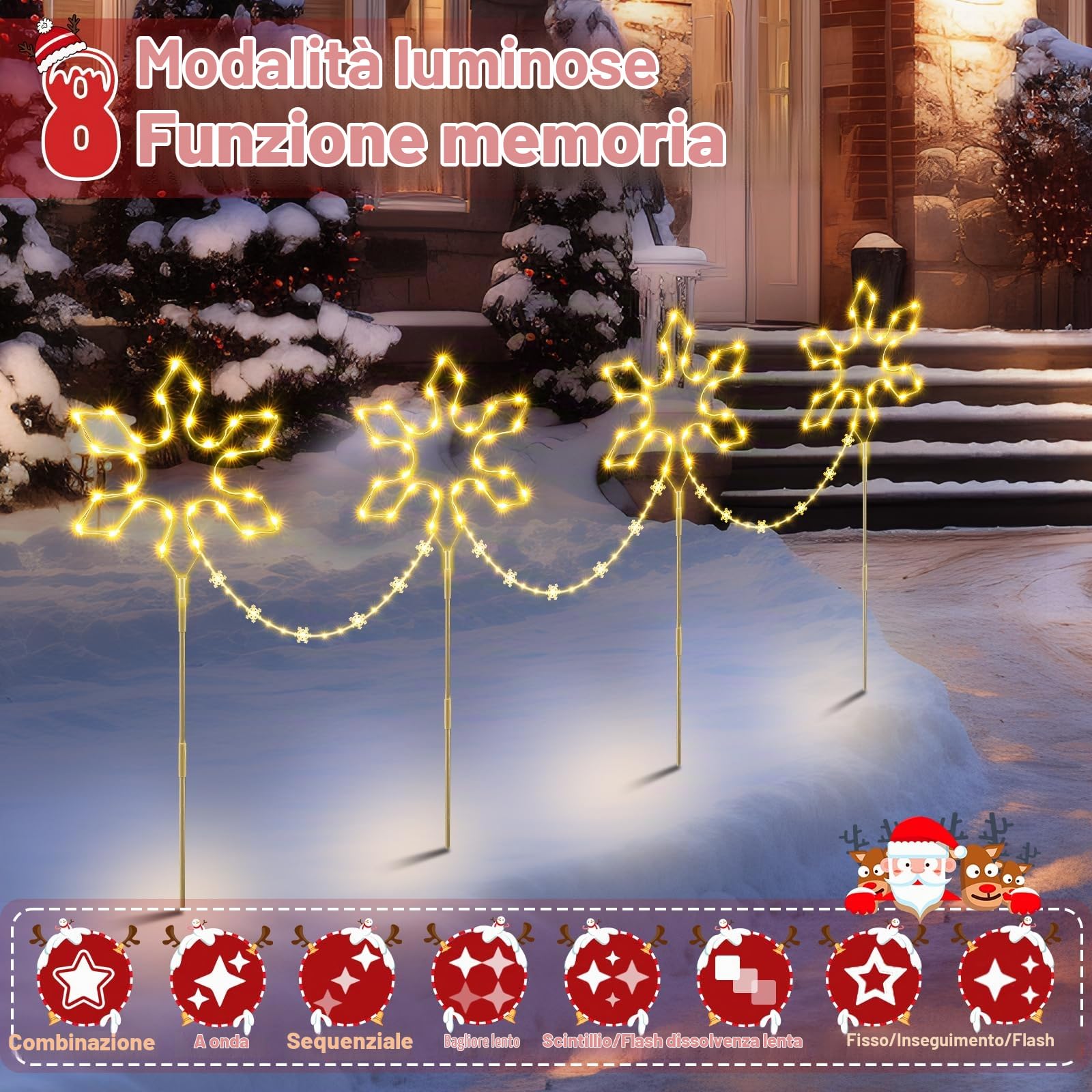 Quntis Luci Natale Esterno a 4 Fiocchi di Neve LED Luci Esterne Natalizie 8 Modalità IP65 Luce Decorazioni Natalizie per Esterno Giardino Patio Feste Cortile Sentiero Festival