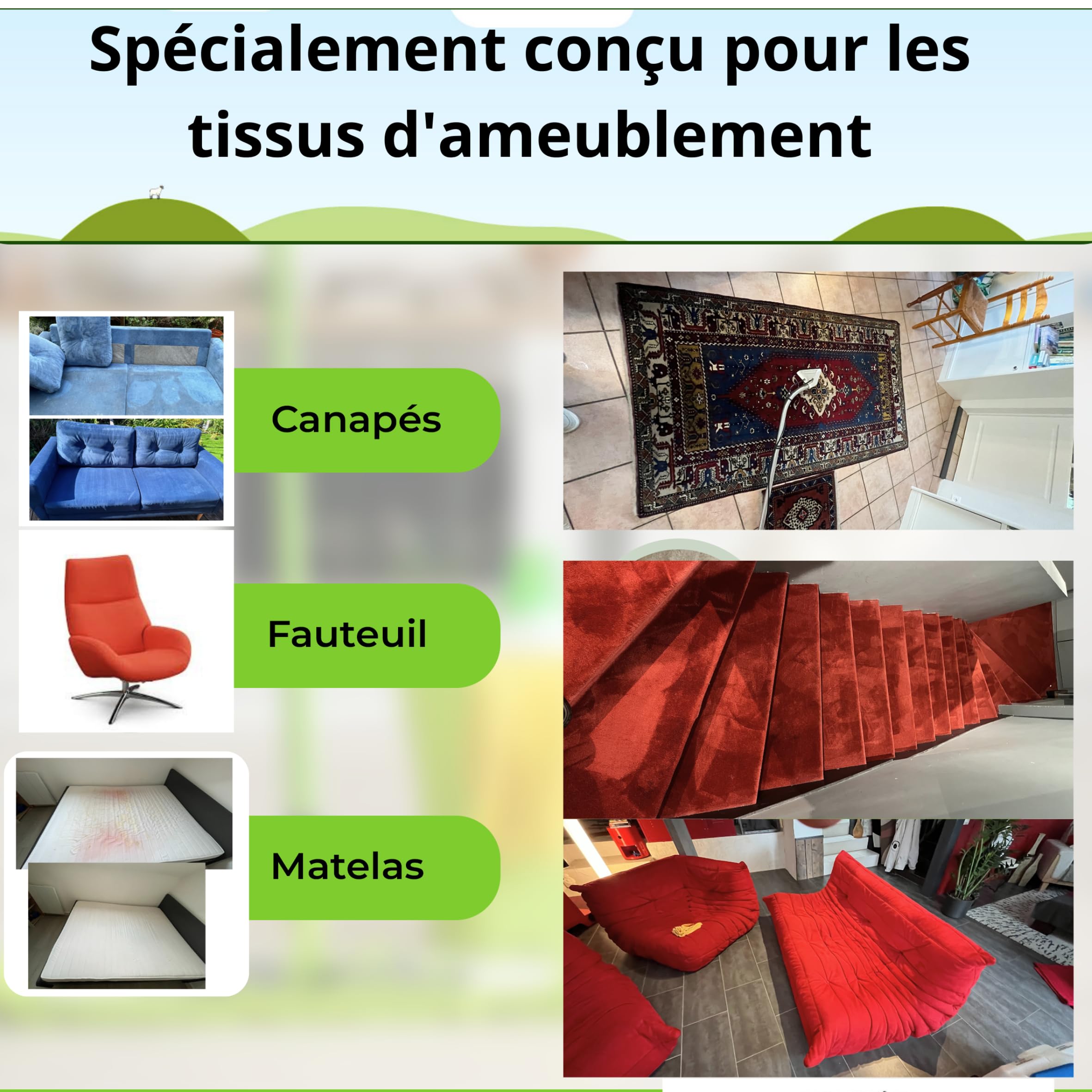 NETTOYANT, ANTI ODEUR spécialement conçu pour tous les tissus d'ameublement (tapis, moquette, canapé, matelas, siège-auto) pour SHAMPOUINEUSE, ASPIRATEUR À EAU concentré et contenu dans 5L
