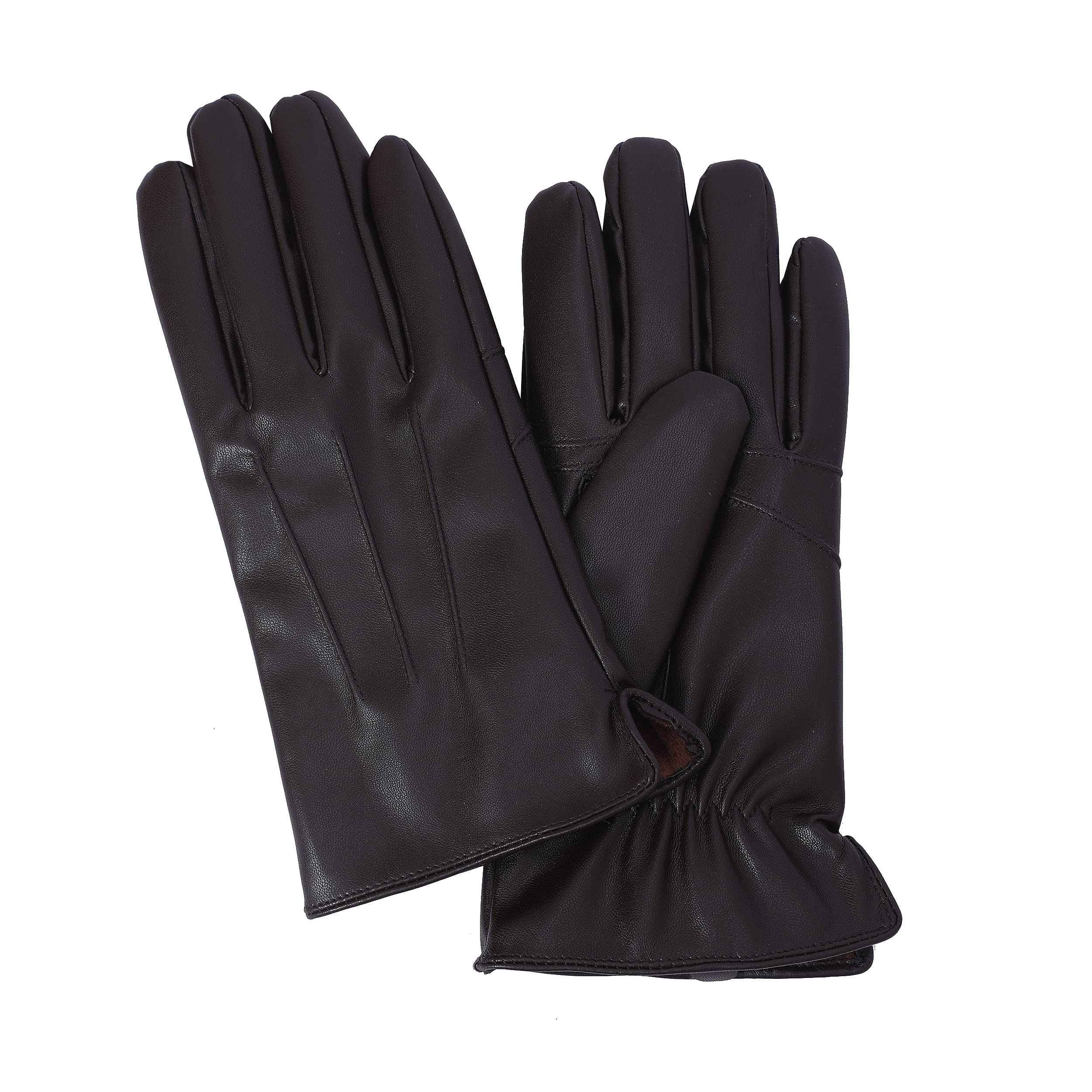 Novbject Men's Brown Leather Driving Gloves Full Touchscreen Winter Warm Gloves Fleece Lining, L