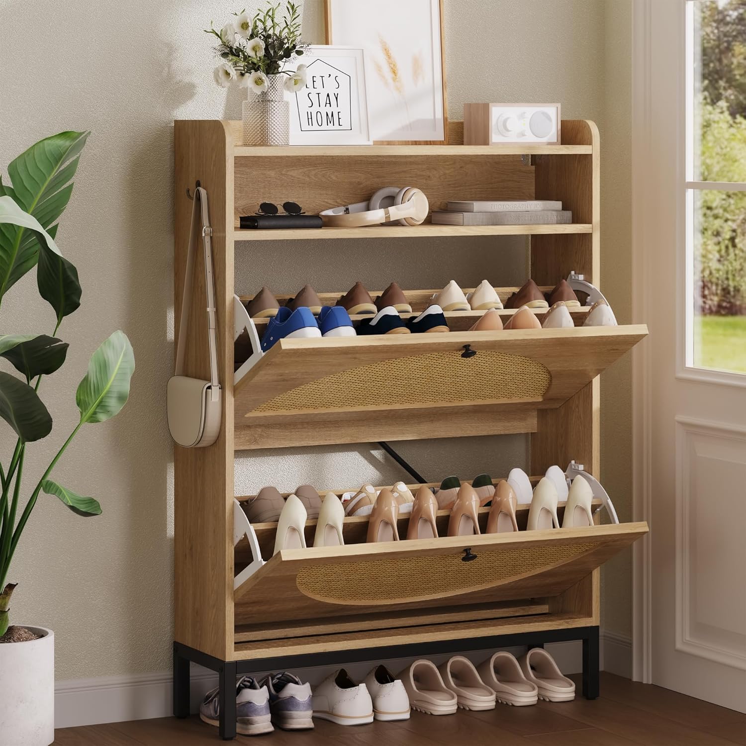 IRONCK Shoe Storage Cabinet with 2 Flip Drawers, Narrow Shoe Cabiet with Rattan Doors and LED, Free Standing Wood Shoe Rack Storage Organizer with Open Storage for Entryway