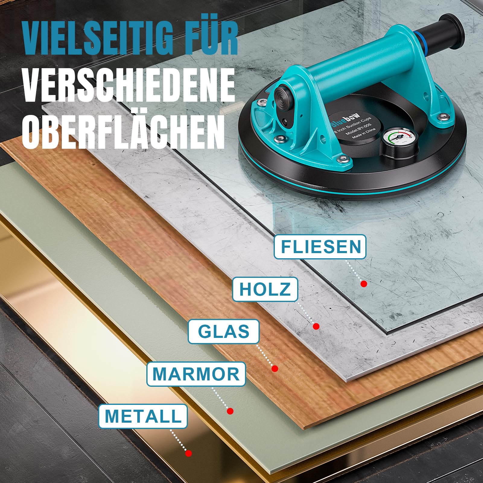 Saugheber Fliesen - 2er-Set Saugnapf mit Manometer, Vakuum Saugheber Max 200KG, Laminat Glasheber mit Tragbarer Werkzeugkasten, Saugheber für Fliesen,Glas, Marmor, Set of 2 Saugheber
