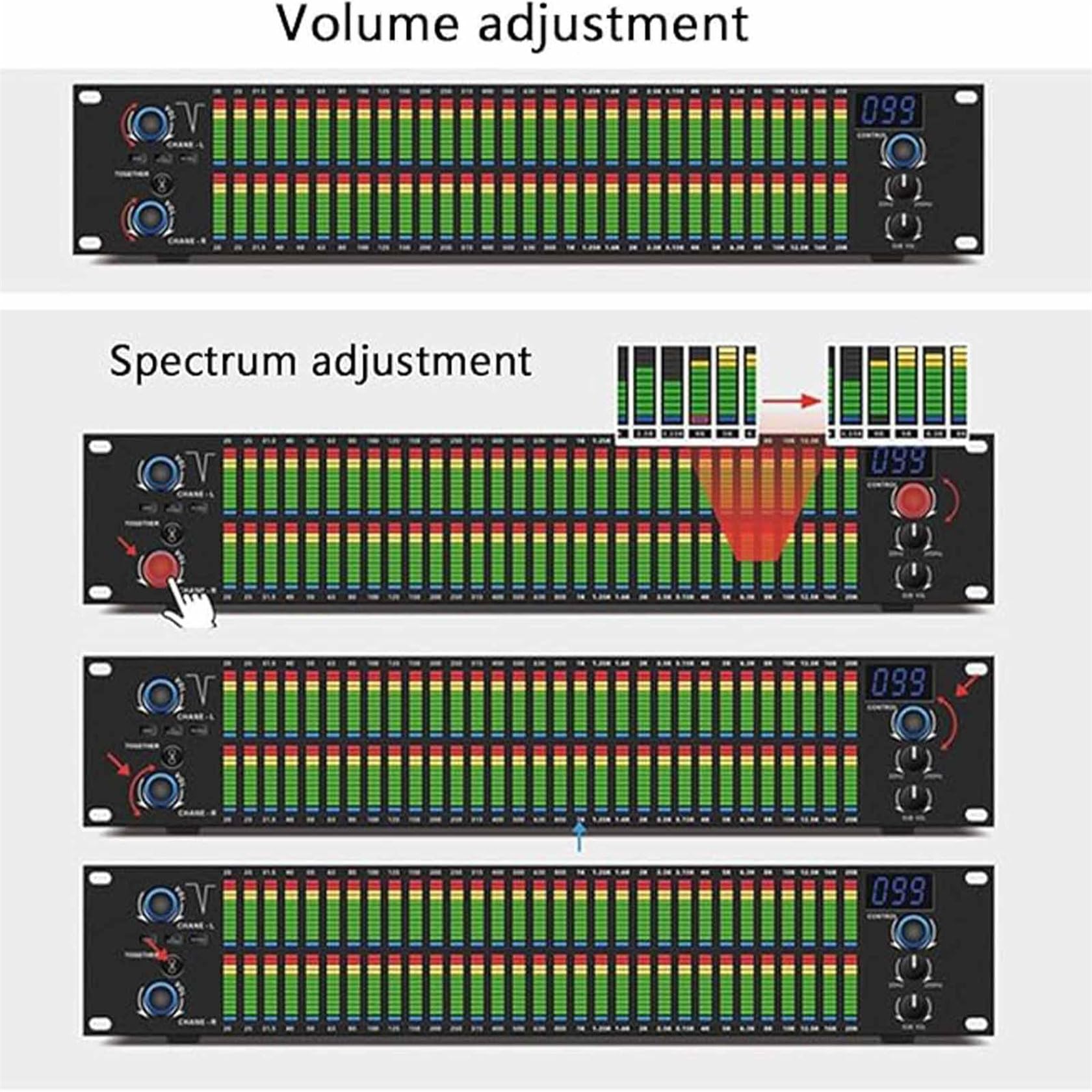 Ecualizador gráfico de 31 bandas con audio digital, pantalla de espectro LED, 10 efectos preestablecidos, reducción automática de ruido, chip de procesamiento DSP, procesadores de señal para estudio