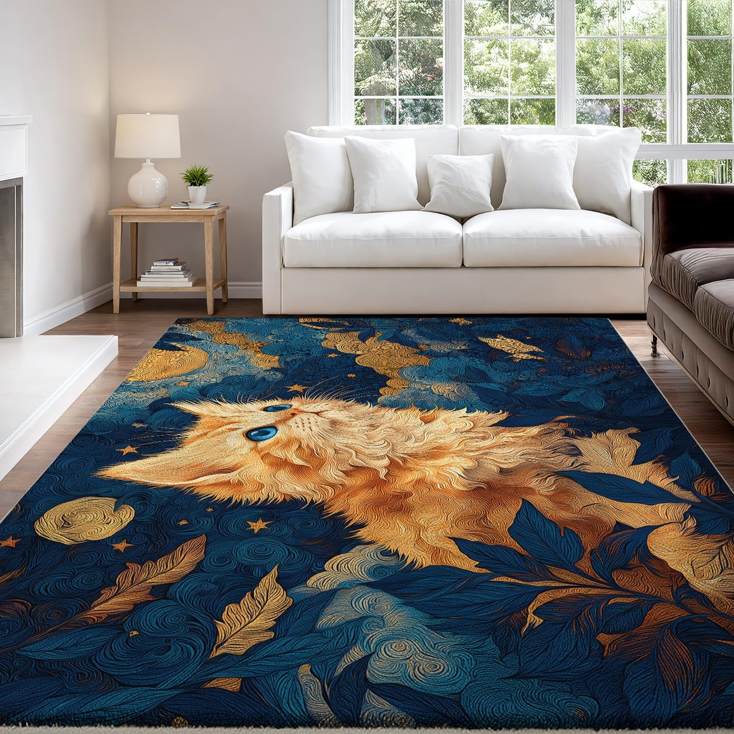 Generico Niebieski Złoty Antypoślizgowy Dywan Zmywalny 160 x 230 cm Wzór Kreskówka Gwiaździste Niebo Kot Dywany, Salon Sypialnia Krótkie Futro - Do Salonu Pokoju Domowego Dywany