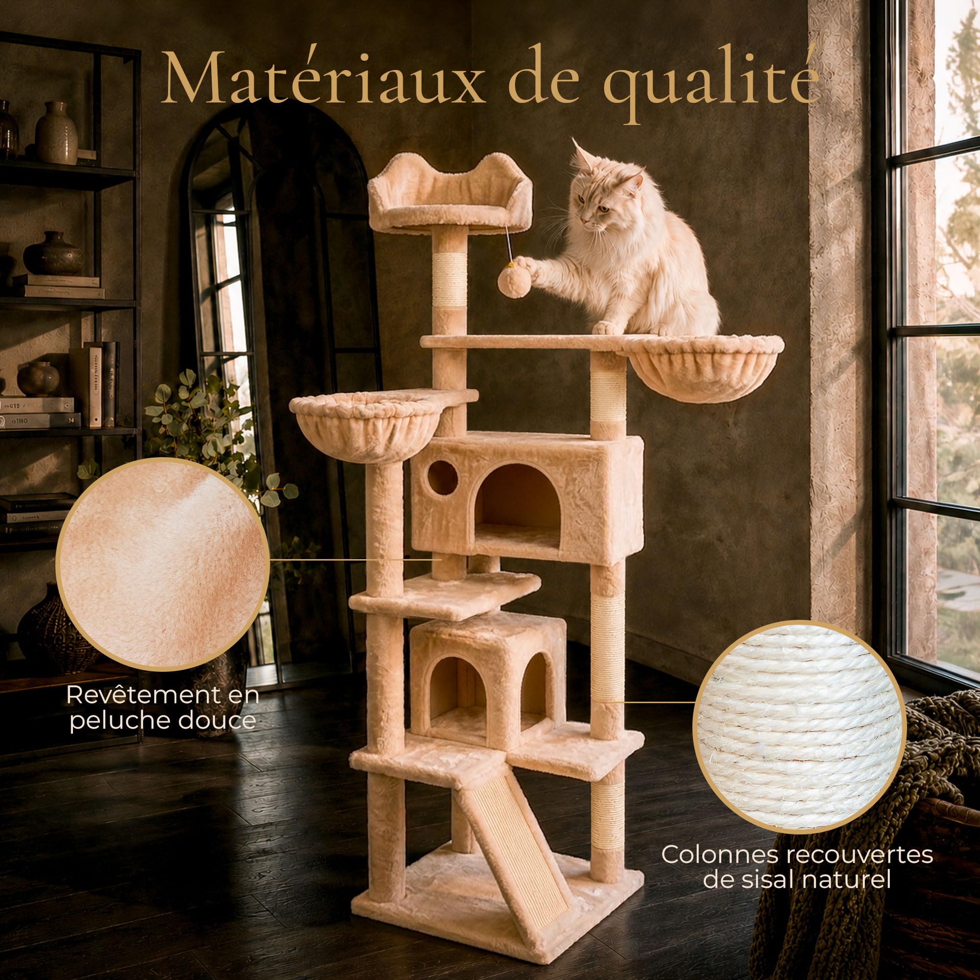 Arbre a Chat 165 cm, Griffoir Chat en Sisal, 2 Niches, 2 Hamacs, 1 Perchoir, Tour a Chat Stable pour Grands Chats et Chatons, Peluche Beige, Montage Facile, Garantie 5 Ans