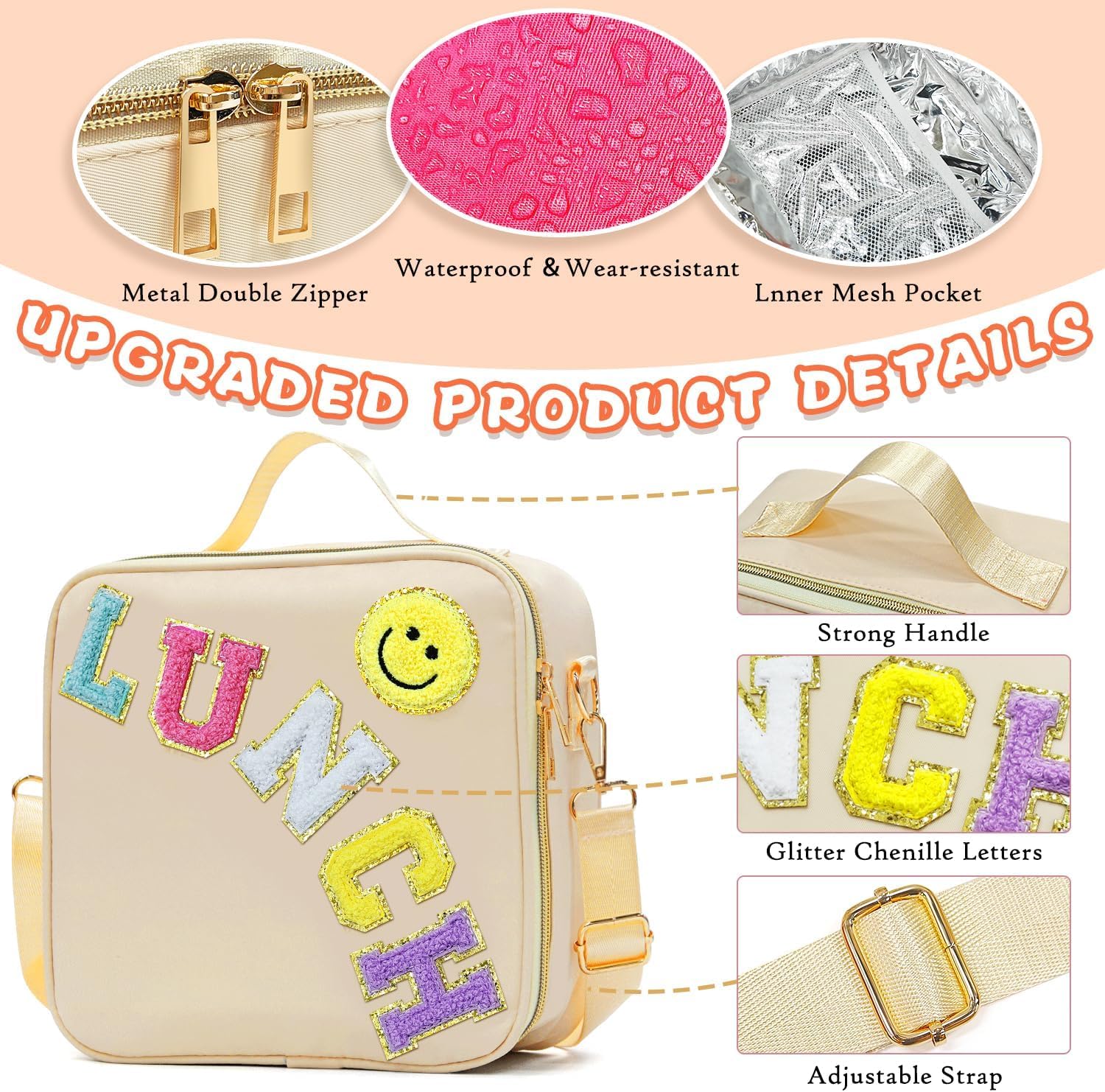 ZAKSTAR Insulated Lunch Bag for Kids and Women, Large Preppy Lunch Bag with Adjustable Shoulder Strap - Image 2