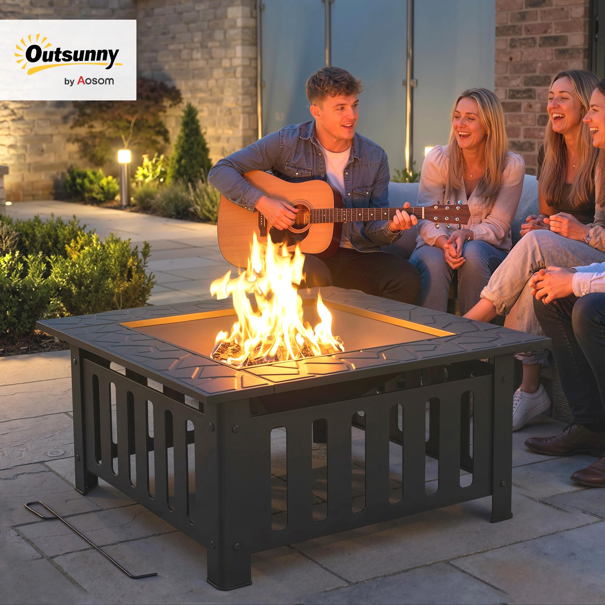 Outsunny Brasero Exterior de Acero Cuadrado, 67x67x47 cm, Brasero Exterior Jardín con Atizador, Tapa de Malla, para Terraza, Camping, Fiesta, Negro
