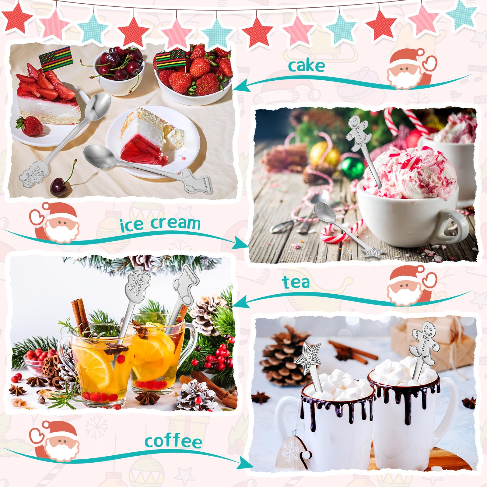 Gerrii 100 Stück Weihnachtslöffel aus Edelstahl, Weihnachts-Rührlöffel, kreatives Mischen von Kaffee, Tee, ausgefallene Mini-Dessertlöffel für Getränke, Suppe, heißen Tee, Weihnachten, Party, Zubehör,