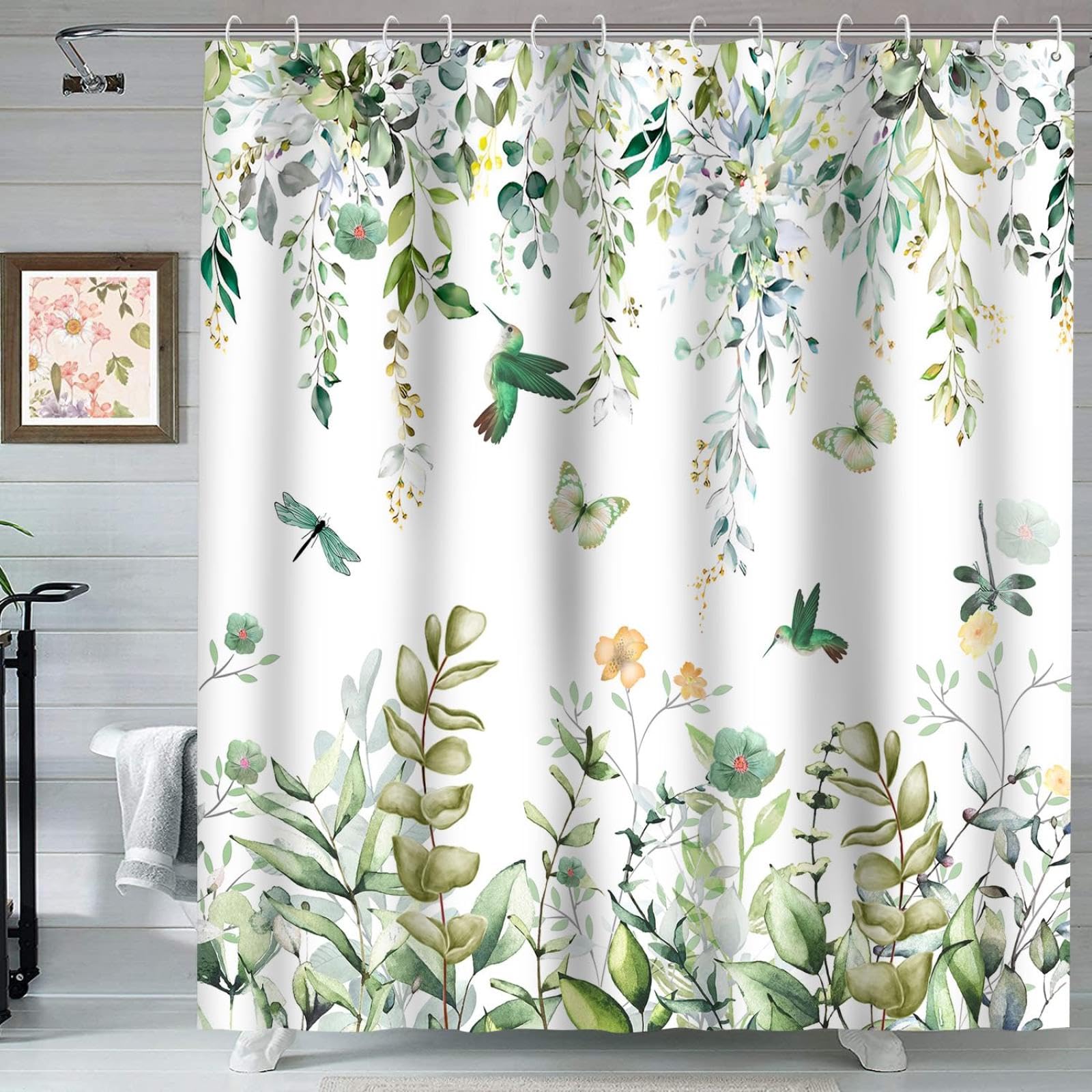 Uiyiui Multicolor-4 Green Eucalyptus Leaves Shower Curtain 83X71in（210X180cm） Watercolor Leaf Botanical Floral Flower Bird Shower Curtains Hummingbird Butterfly, Modern Waterproof Fabric Bathroom Curtain