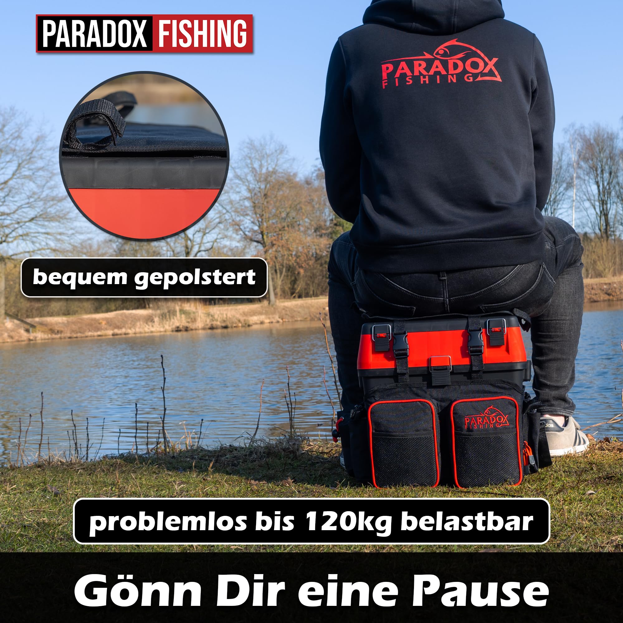 Paradox Fishing 3-in-1 Multifunktions-Sitzkiepe I Angelrucksack I Angeltasche Angelkoffer mit Sitz Angelkoffer- viel Platz für Angelzubehör