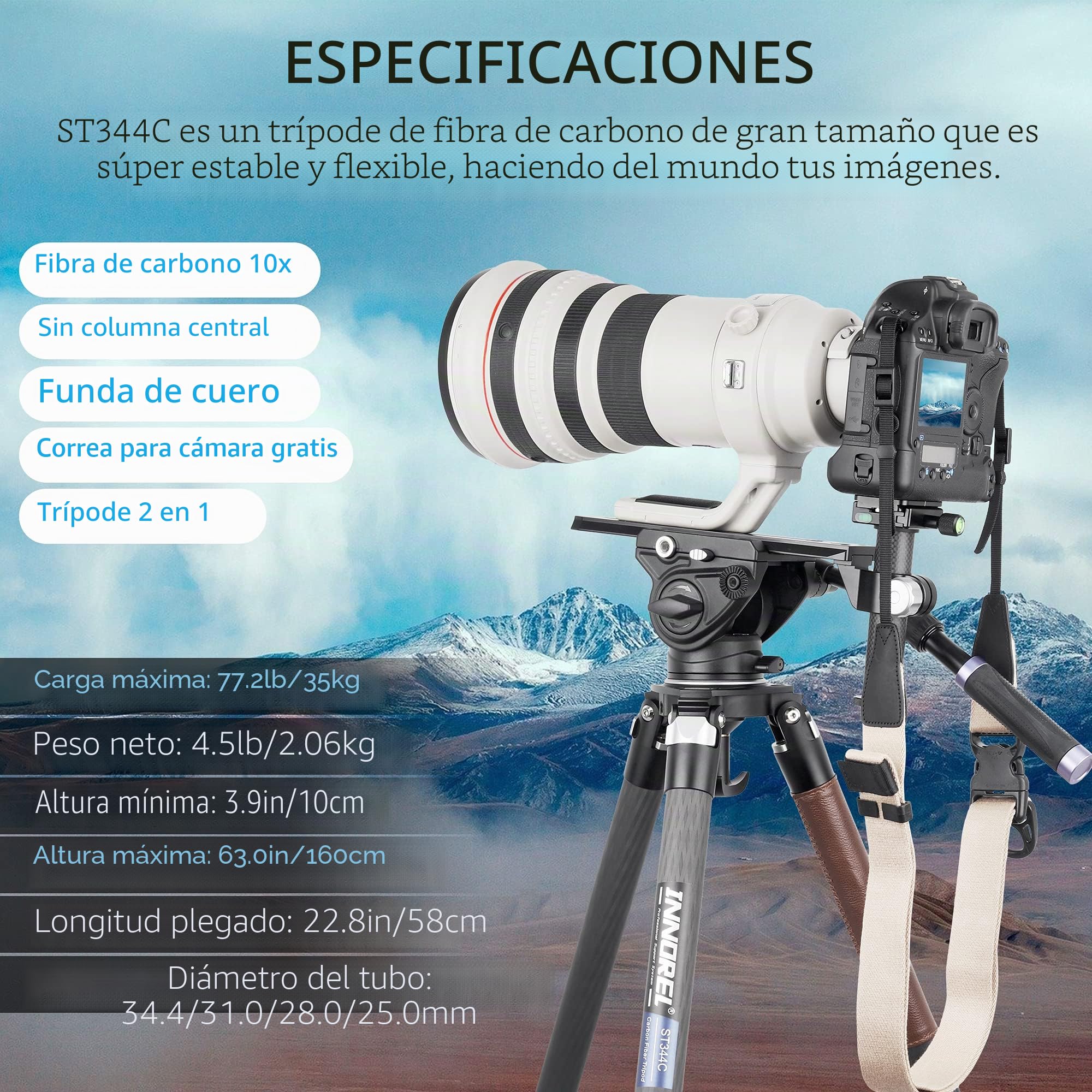 Trípode de Fibra de Carbono de 4 Secciones, INNOREL ST344C 160cm Trípode Profesional para Cámara, Accesorios de Fotografía, con 75 mm de Adaptador, Tubo Máximo 34mm, Carga máxima de 35 kg