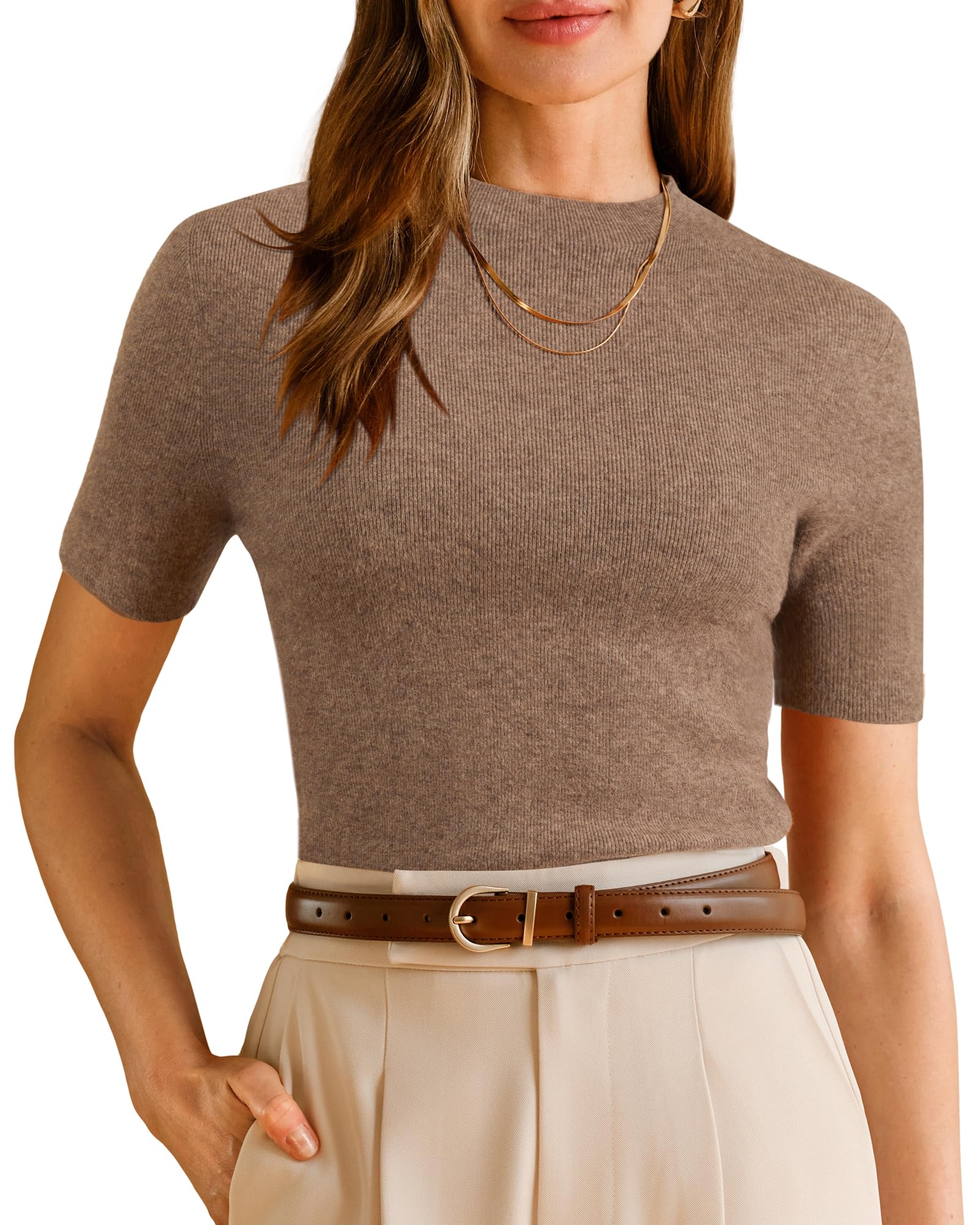 Arach&Cloz Wolle Blend Pullover Damen Seamless Basic Top Kurzarm