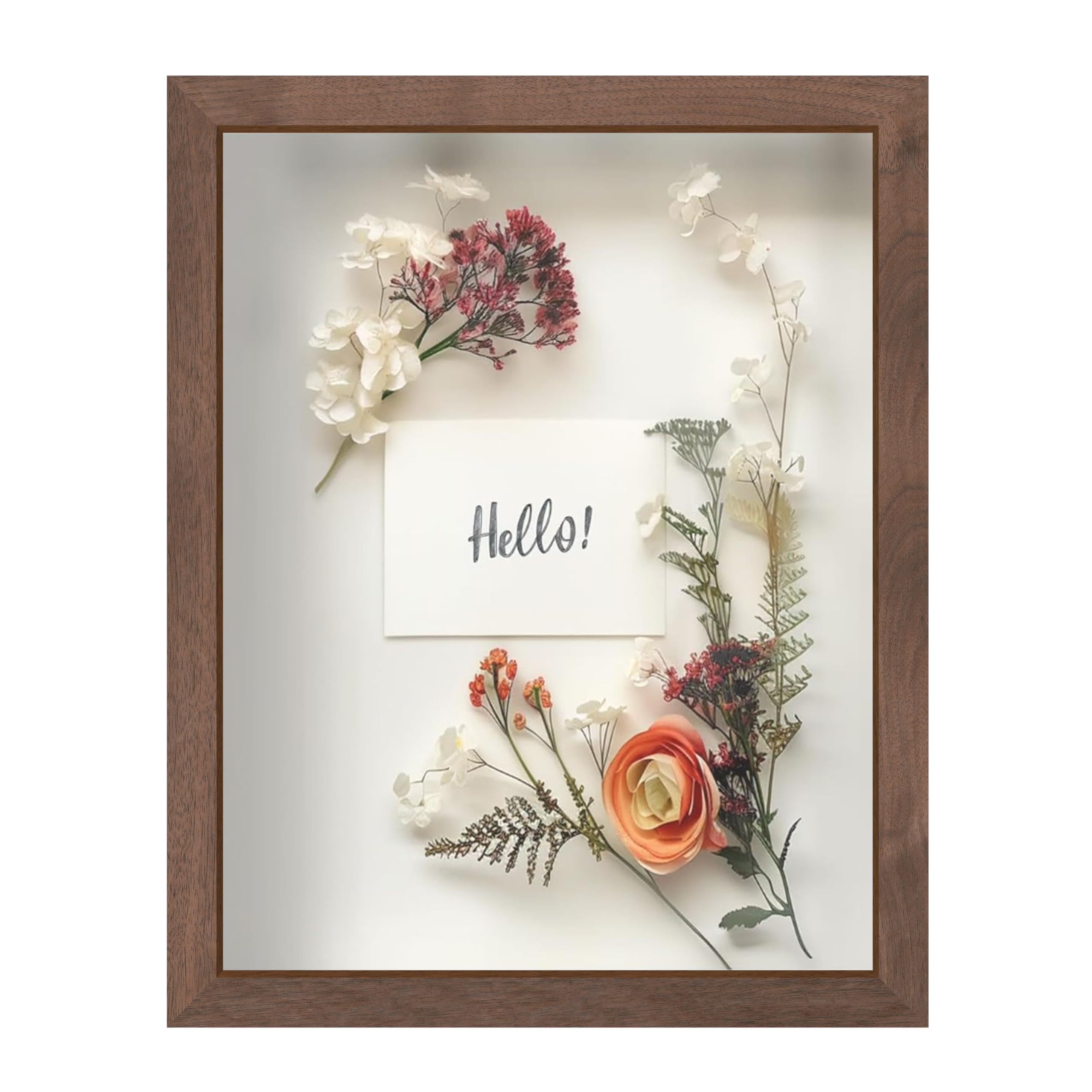 FrameWorks 11” x 14” Dark Oak Wooden Shadow Box Frame – Display Case with Soft Felt Back, Memory Box with Tempered Glass, Display Box with Elegant White Ball Push Pins, Wooden Flower Box