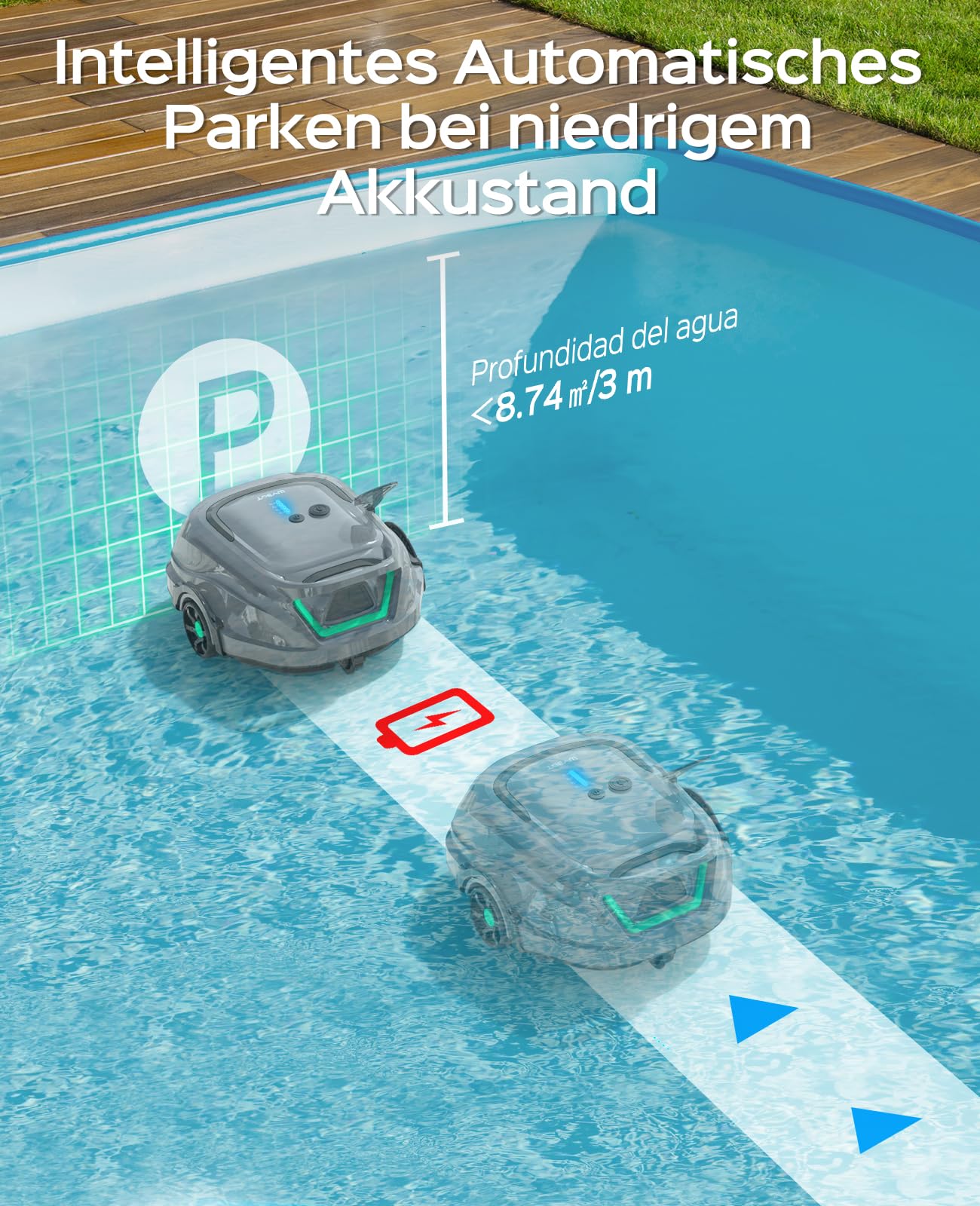 WYBOT A1 Robot Piscina Fuori Terra Intelligente, 120 Minuti Autonomia, Sistema Doppia Turbina, 100㎡ per Famiglie, Esperto Pulizia Fondo Piscina, Verde Grigio Chiaro