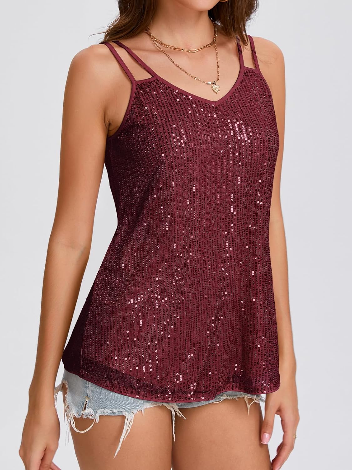 スパンコール トップス 女性用 Vネック ドレッシータンクトップ キラキラ パーティー クラブ ナイト ディスコ コンサート 衣装