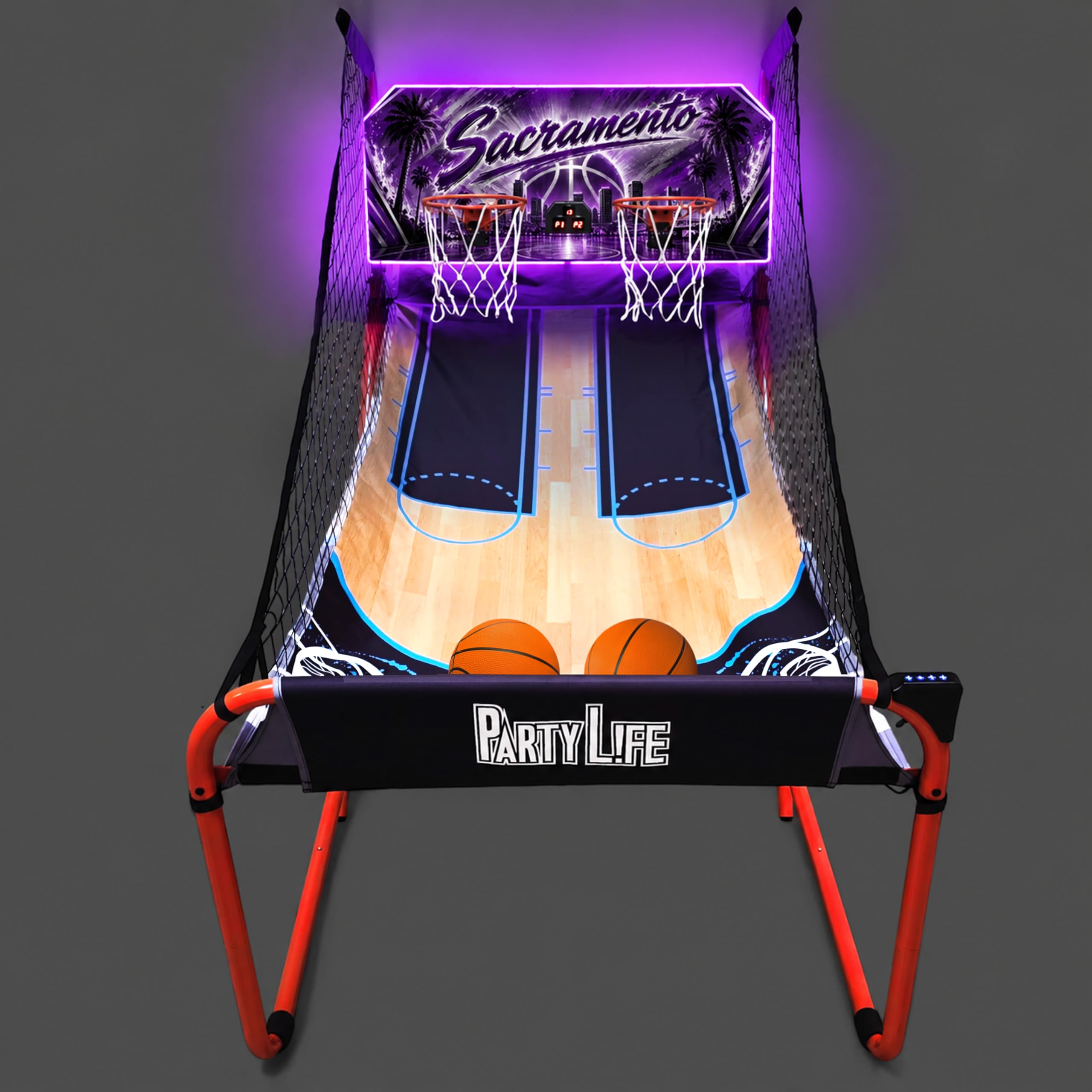 PartyLife 2-Player Basketball Arcade Game w/LED Lights | Electronic Scoring | 5 Balls, 1 Pump, 8 Games | Folding Design | Heavy-Duty Steel Frame