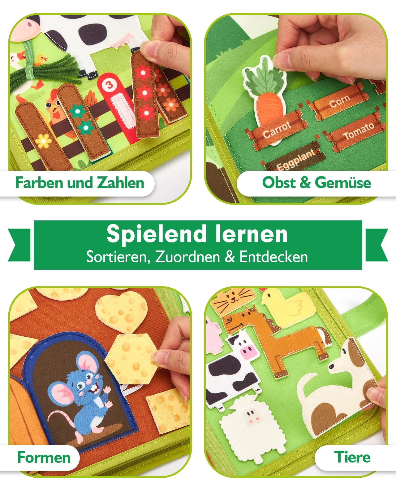 hahaland Montessori Spielzeug ab 1 Jahr – Bauernhof Thema Quiet Book, 20-in-1 Busy Board Weichem Filz für Frühe Bildung, Busy Book für Autofahrt, Spielzeug ab 1 2 3 Jahre, Geschenk zum 1 Geburtstag