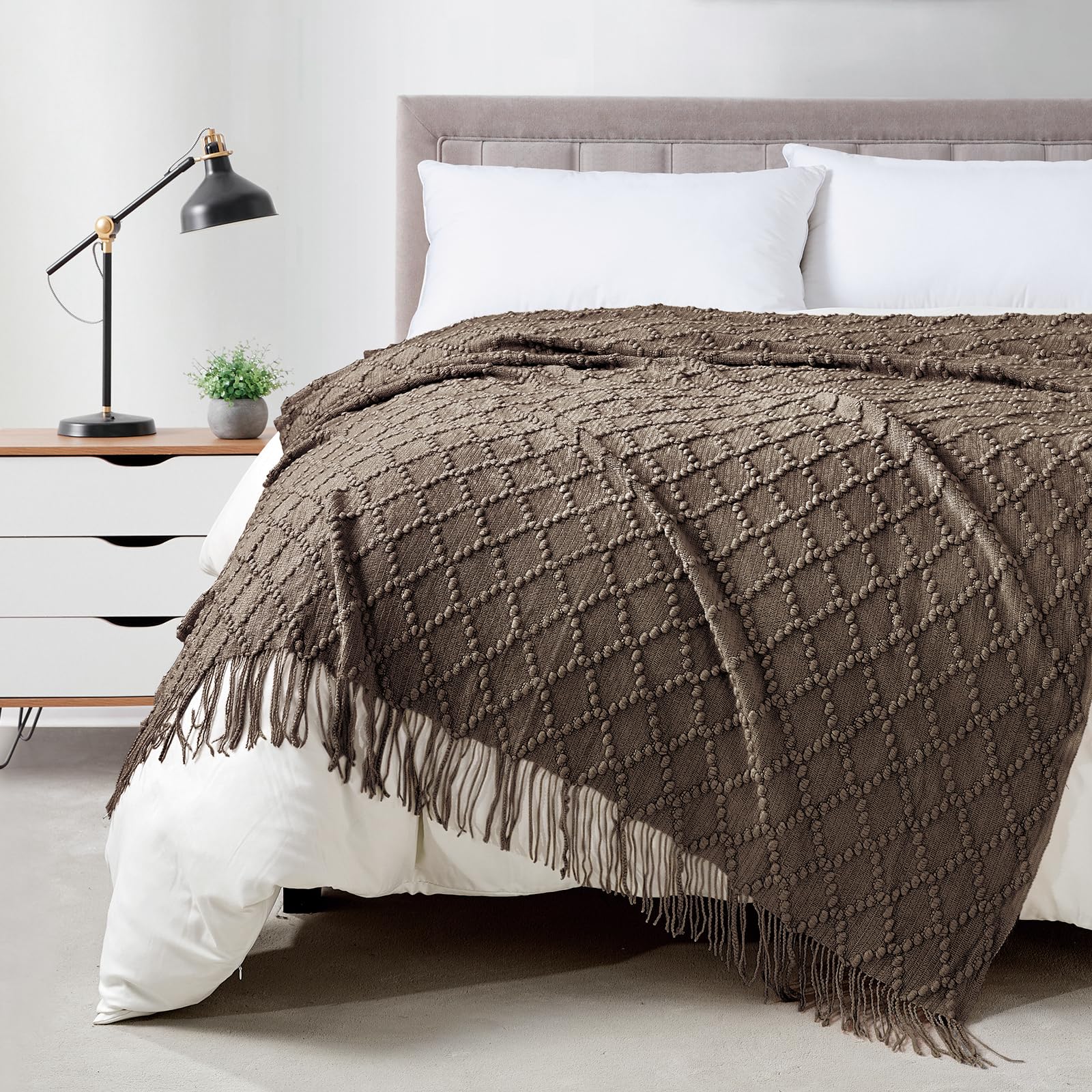 BOURINA Throw Blanket Textured Solid Soft Throws and Blankets for Sofa or Bed Knitted Decorative Blanket 127x178cm Brown