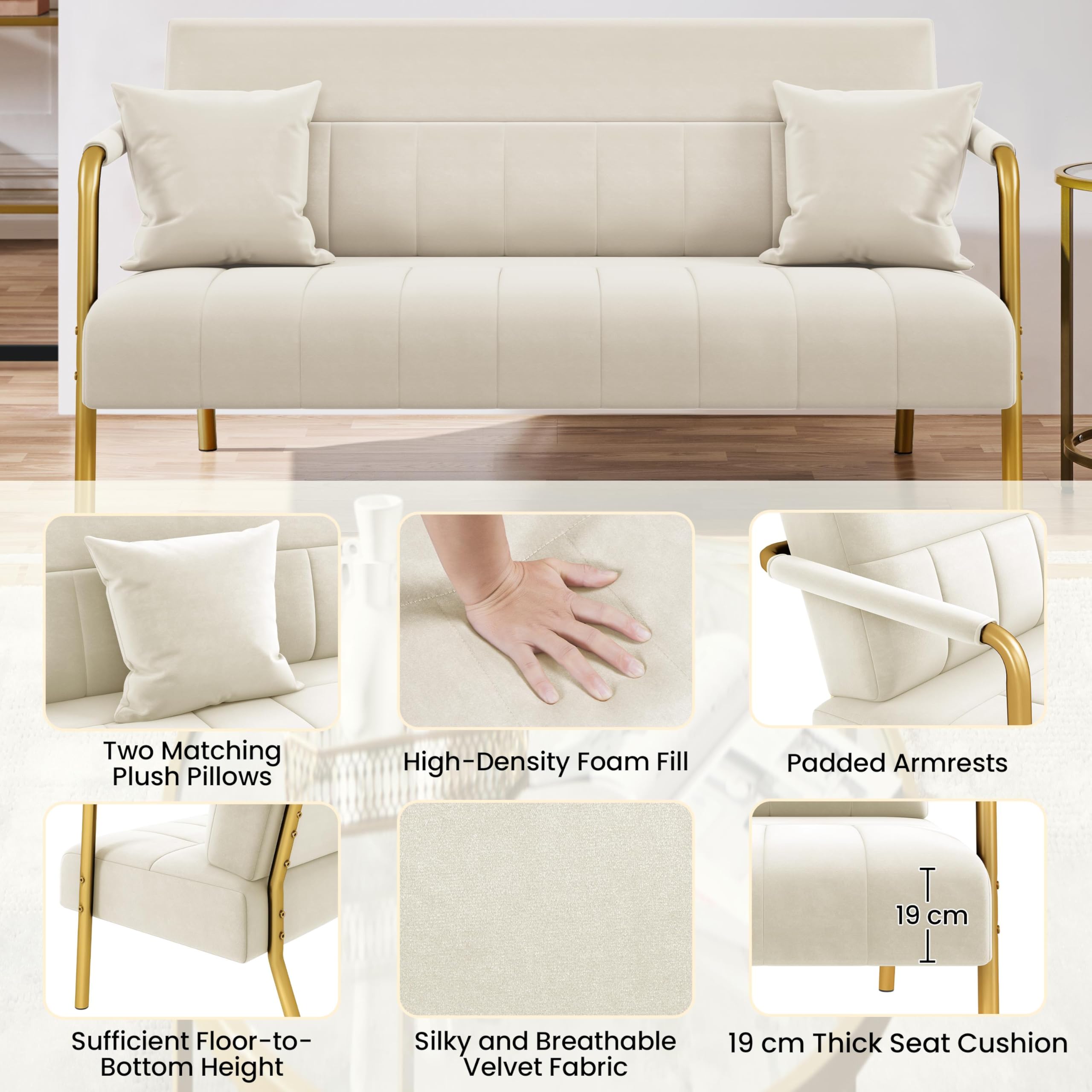 Yaheetech Polstersofa mit Armlehnen & Beine aus Metall Modernes Zweisitzer-Sofa mit 2 Lendenkissen Loveseat fürs Wohnzimmer, Heimbüro Beige