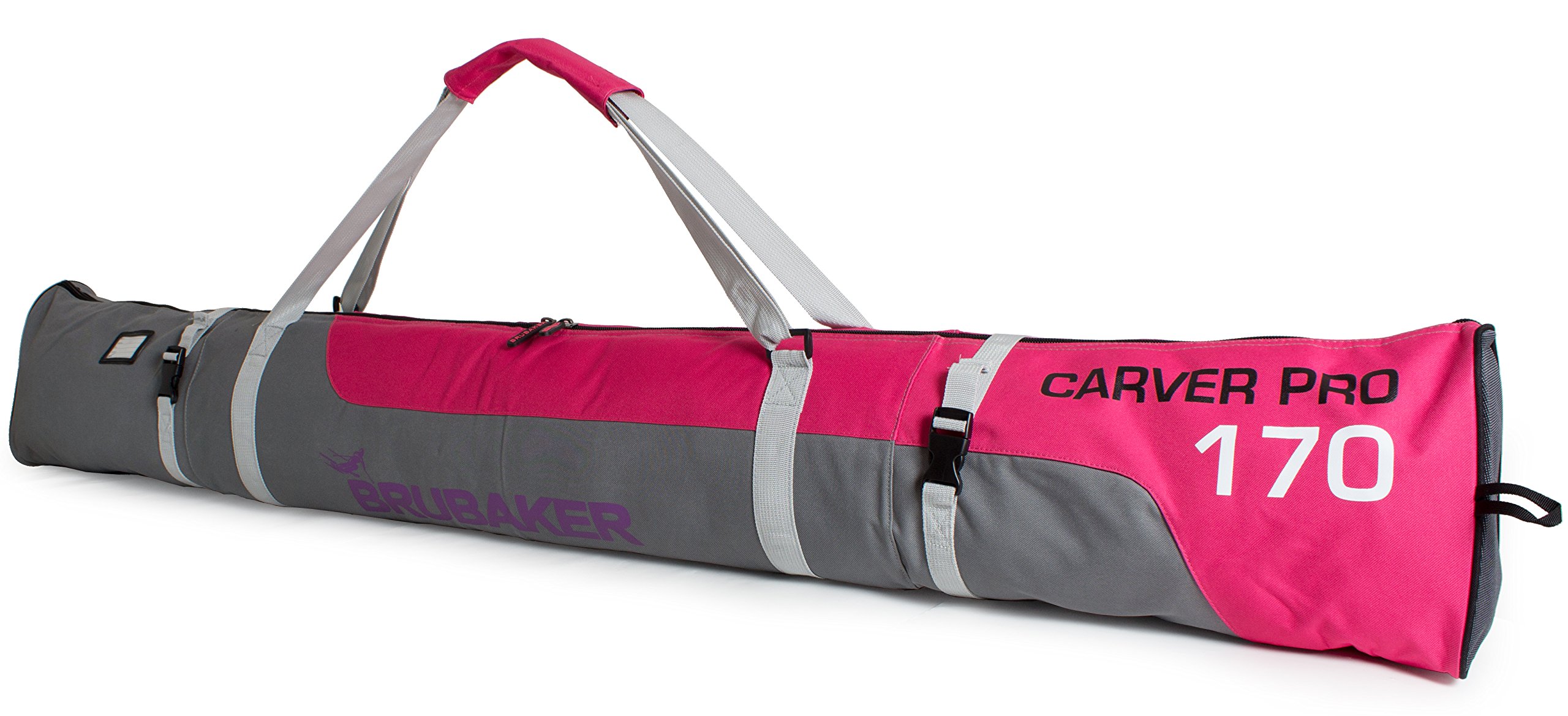 BRUBAKER Série limitée - Sac à Chaussures de Ski 'Super Function 2.0' et Housse à Skis 'Carver Pro 2.0' pour 1 Paire de Skis + Bâtons + Chaussures + Casque - 170 cm - Fuchsia/Gris