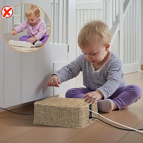 Miniatura 8 de StorageWorks Caja de organización de cables, organizador de cables de mimbre con 2 ranuras para ocultar cables y regleta de alimentación, caja