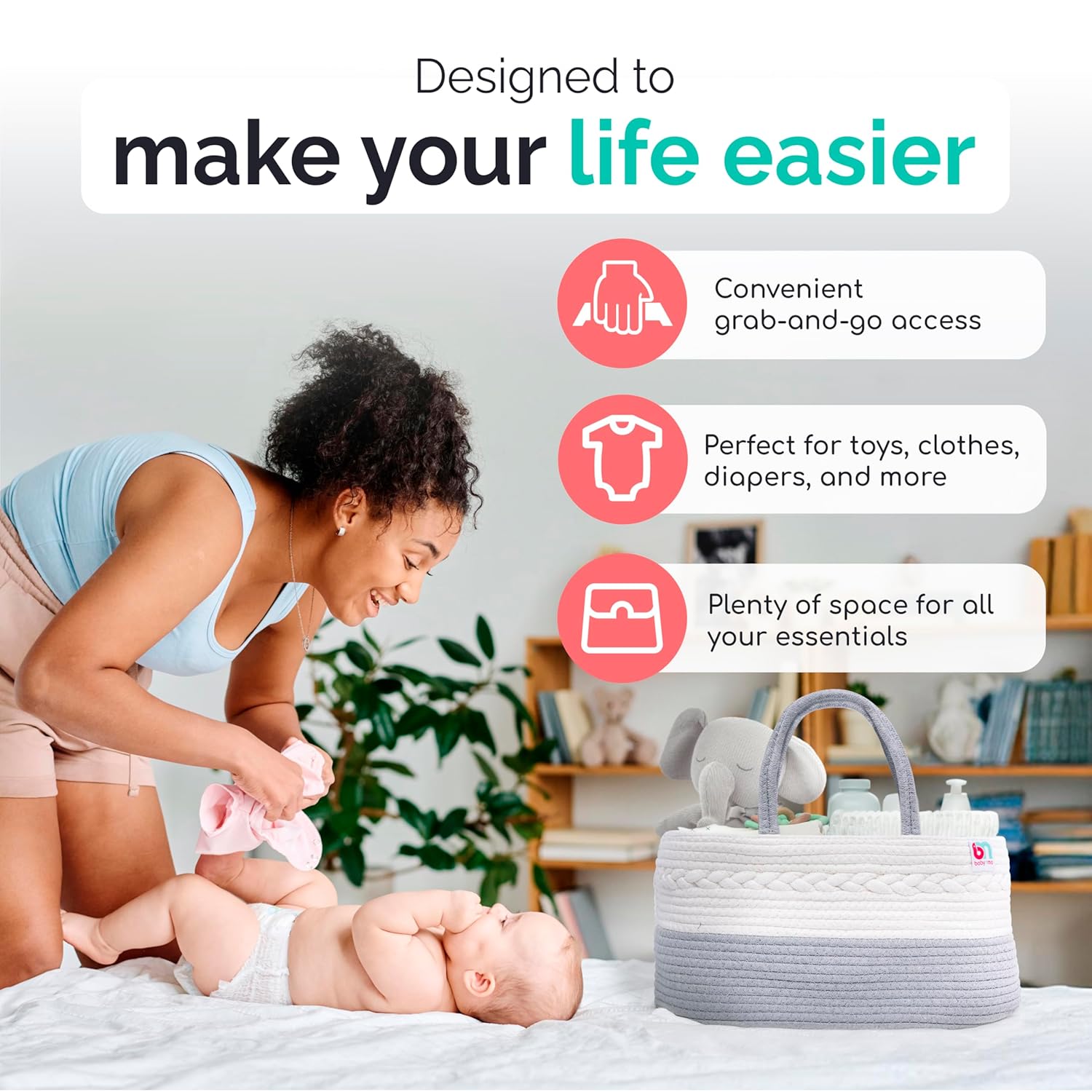 Rope Diaper Caddy - Storage for Baby and Toddler Items - Portable Cotton Organizer Easily Holds Diapers, Wipes, Clothing - Useful for Nursery, Bedroom (Gray, Extra Large)