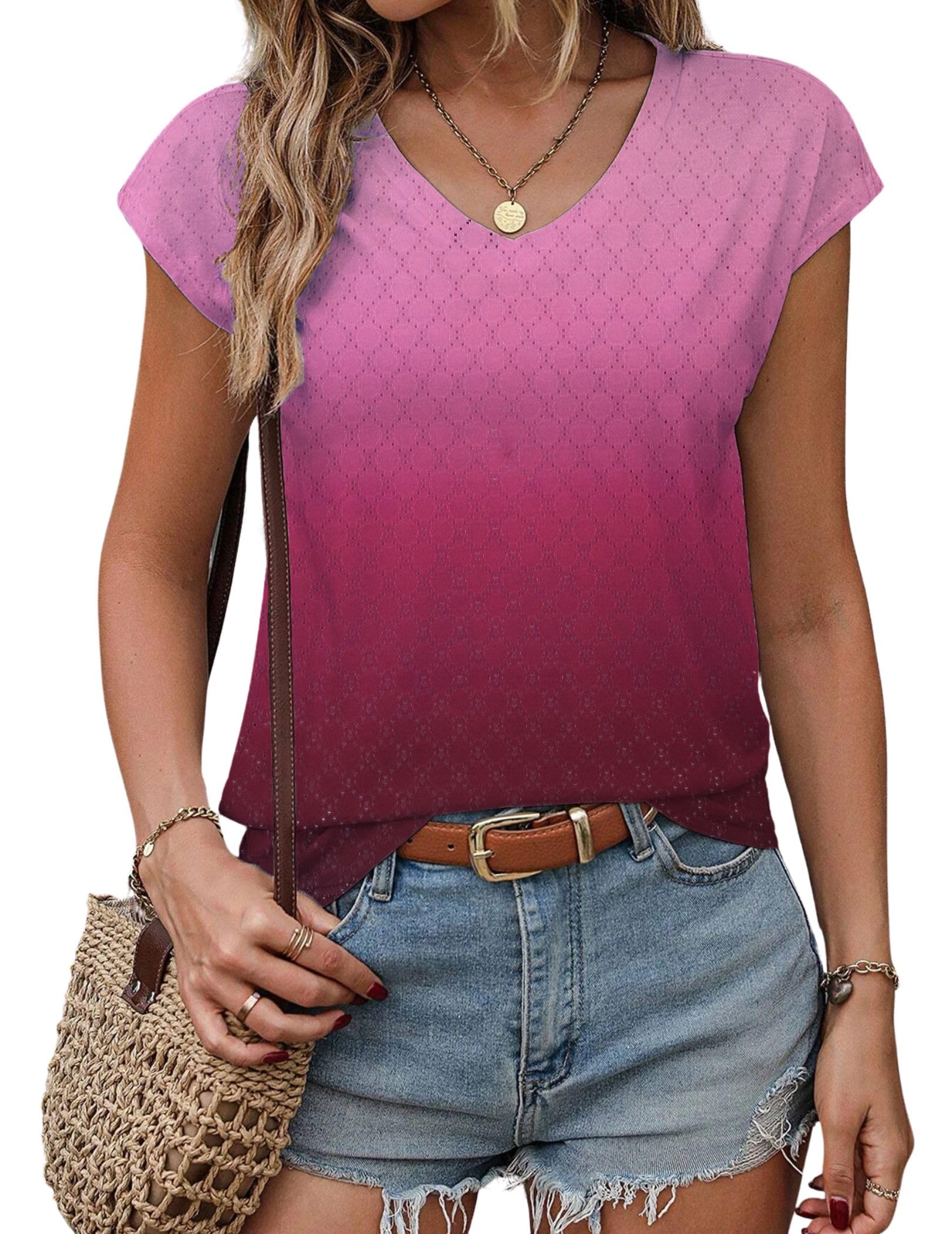 Zeagoo Womens 2024 Summer V Neck Eyelet T Shirts Casual Cap Sleeve Loose Fit Dressy Blouses Basic Shirts