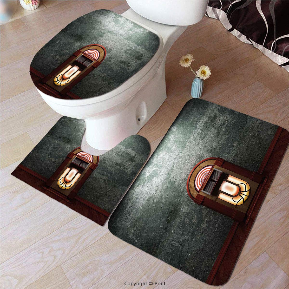 №25636 3 Piece Bathroom Mat Set, Bath Mat, Bathroom Carpet Rug, Non-Slip,Jukebox,Scary Theme Old Abandoned Home with Antique Old Box Image,Petrol Green and Brown, for Tub, Shower, Bathroom