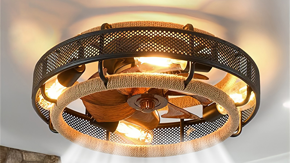 KZT Ventilatore da soffitto con Illuminazione E27 Fan Plafoniera Vintage Industriale, Lampada da Soffitto con Ventilatore Silenzioso, Retro Gabbia di Ferro con Corda di Canapa, 6 velocità del Vento