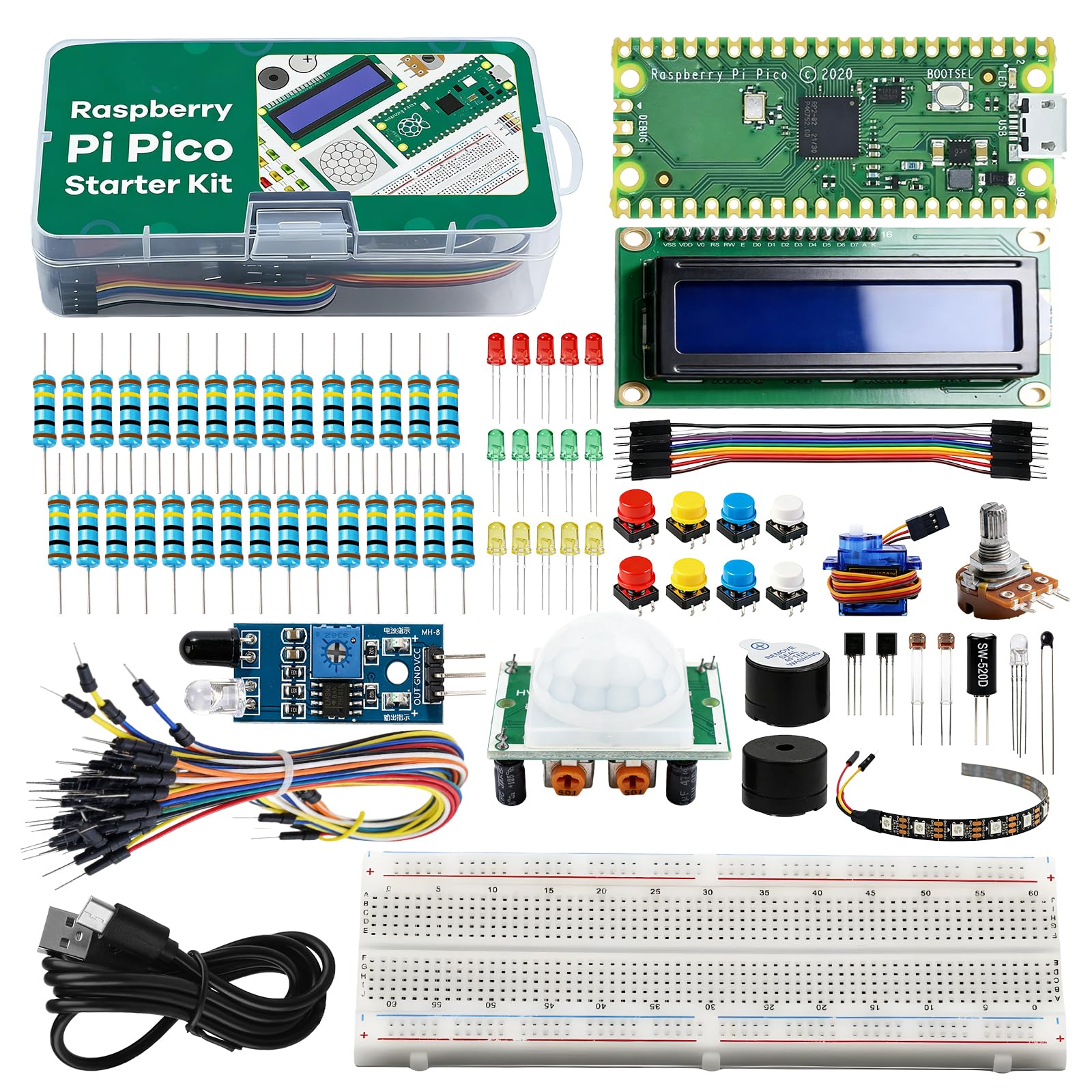 Kit de démarrage de base pour Raspberry Pi Pico, super kit de démarrage pour Raspberry Pi Pico, Raspberry avec breadboard, module d'affichage LCD 2C 1602, capteurs compatibles