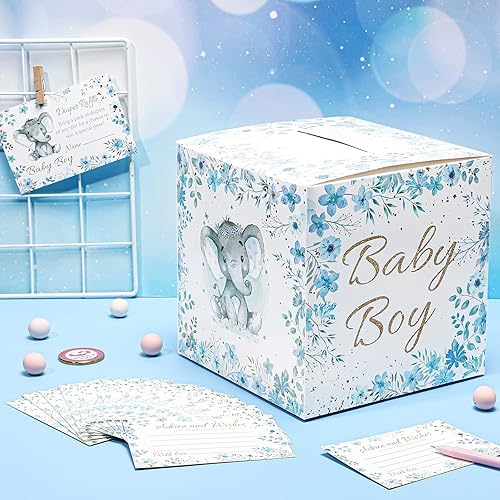 Miniatura 4 de 50 boletos para rifas de pañales de elefante con caja de soporte para baby shower, decoraciones de fiesta de bebé, caja de rifa de pañales, tarjeta
