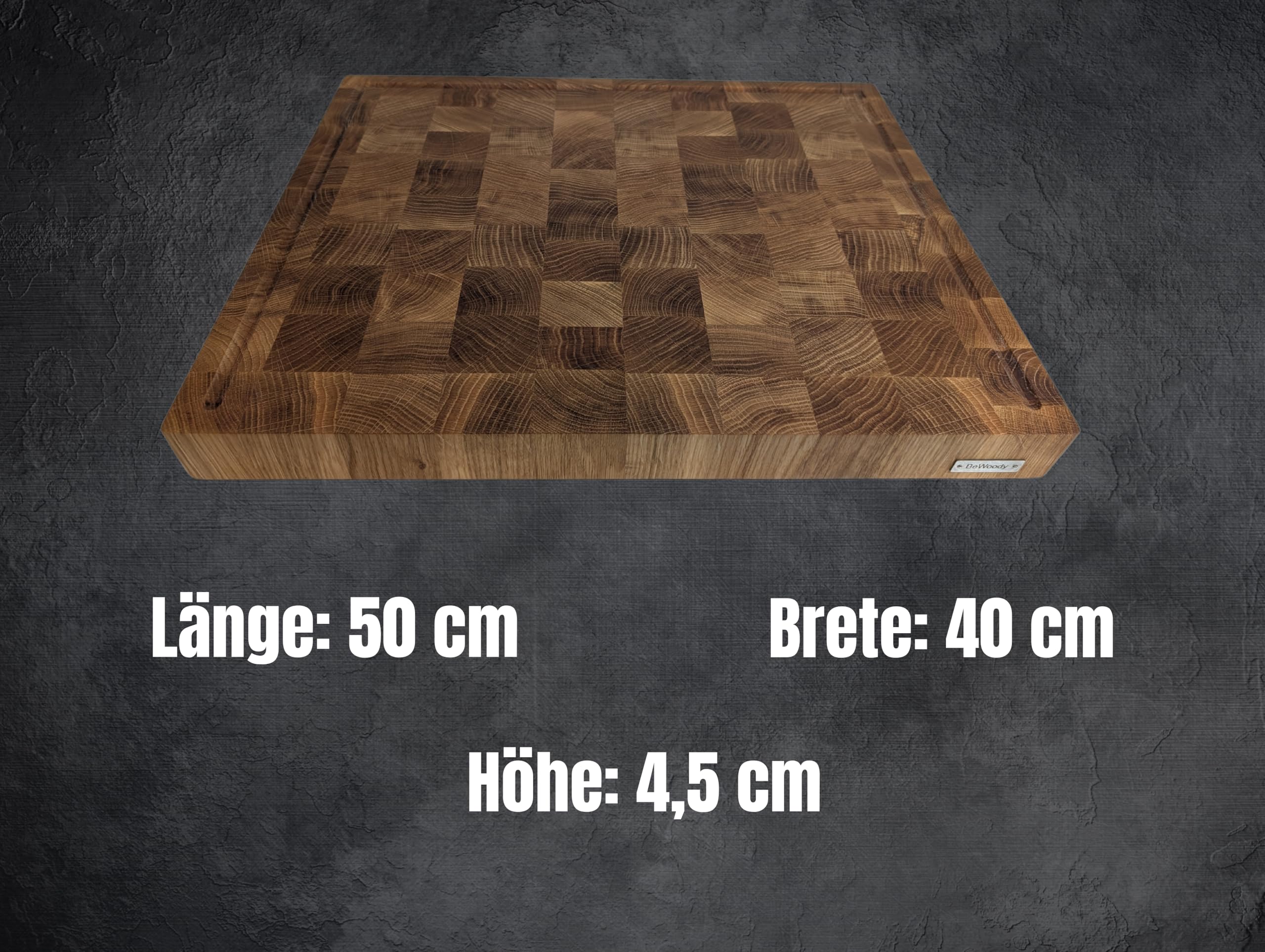 Hackblock XL Schneidebrett Stirnholz Eiche – 50x40x4,5 cm – Premium Tranchierbrett aus Holz mit Saftrille & rutschfesten Füßen – Profi-Qualität für Küche, Fleisch & Gemüse