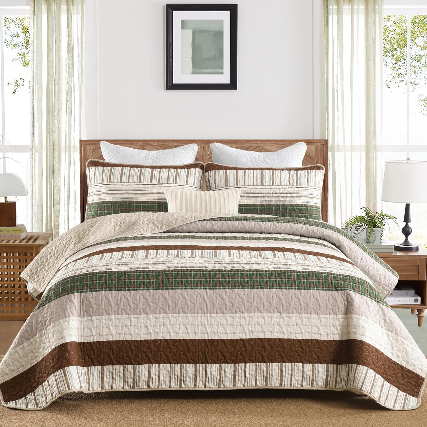 DJY Striped Quilt Set Queen Size, Boho Brown Green Striped Bedspread Coverlet Set Soft Microfiber Patchwork Quilt Bedding Set 3 Pieces for All Season(96"x90") Brown Green Queen
