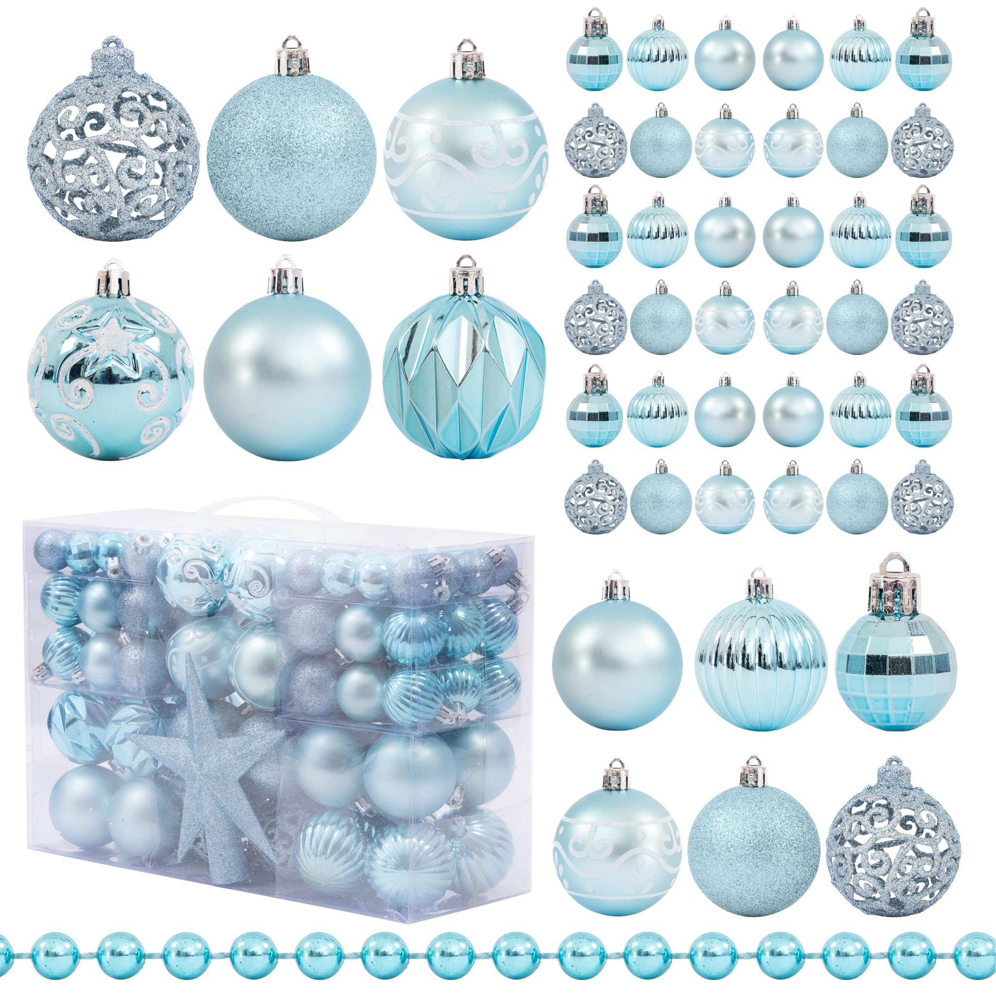Christmas Tree Decoration Set 100 Pieces - Baubles, Star Topper & Bead Garland - Glitter, Matte & Metallic Ornaments (Sky)