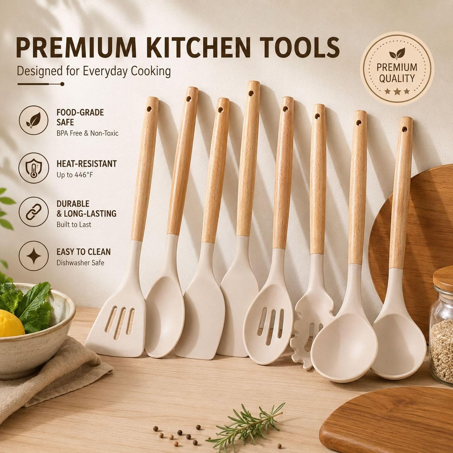 33 PCS Silicone Kitchen Utensils Set– Nonstick Cooking Utensils Set, Heat Resistant Kitchen Gadgets with Wooden Handles, Spatula Spoon Turner Whisk Tongs Cooking Tools Set for Kitchen, Khaki