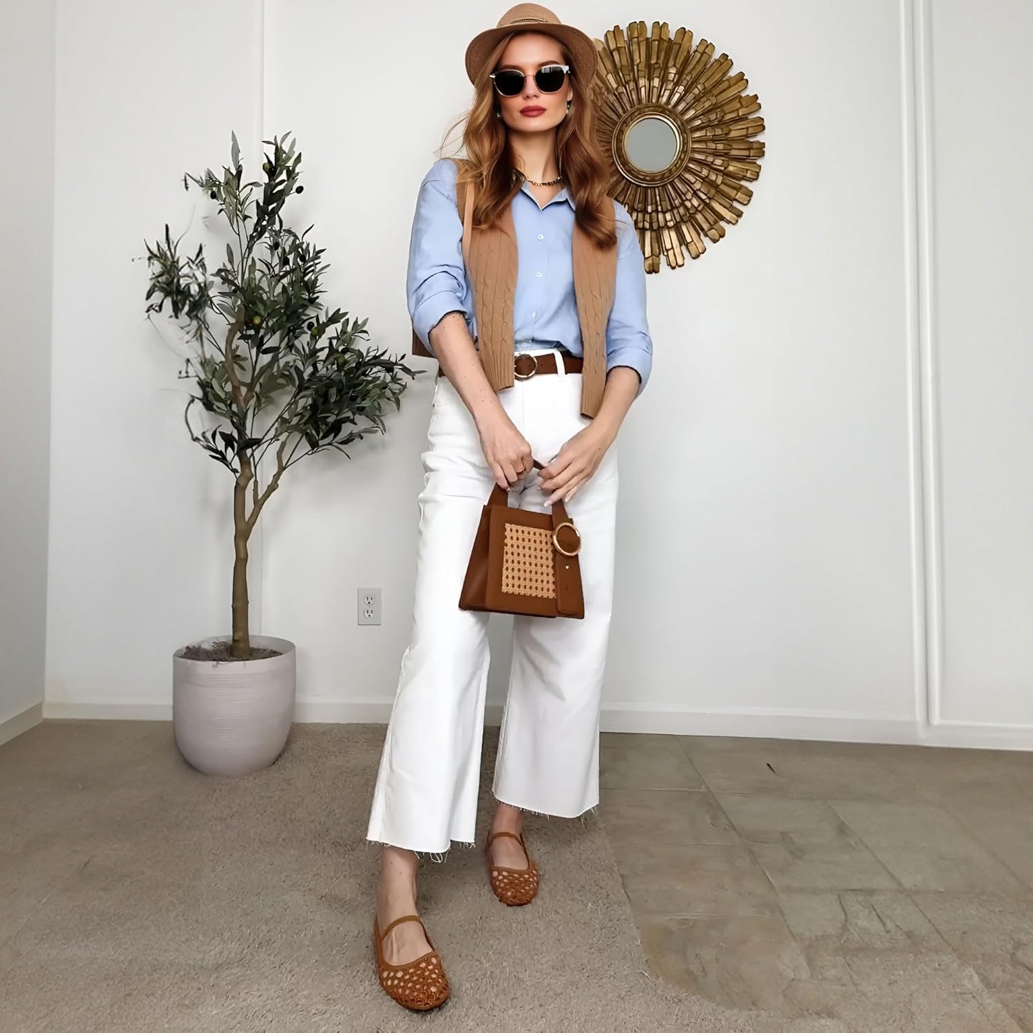 Woven Ballet Flats Shoes for Women with Strap Charming Comfortable Casual Elegance Flat Mary Janes Suitable for Woven Bags