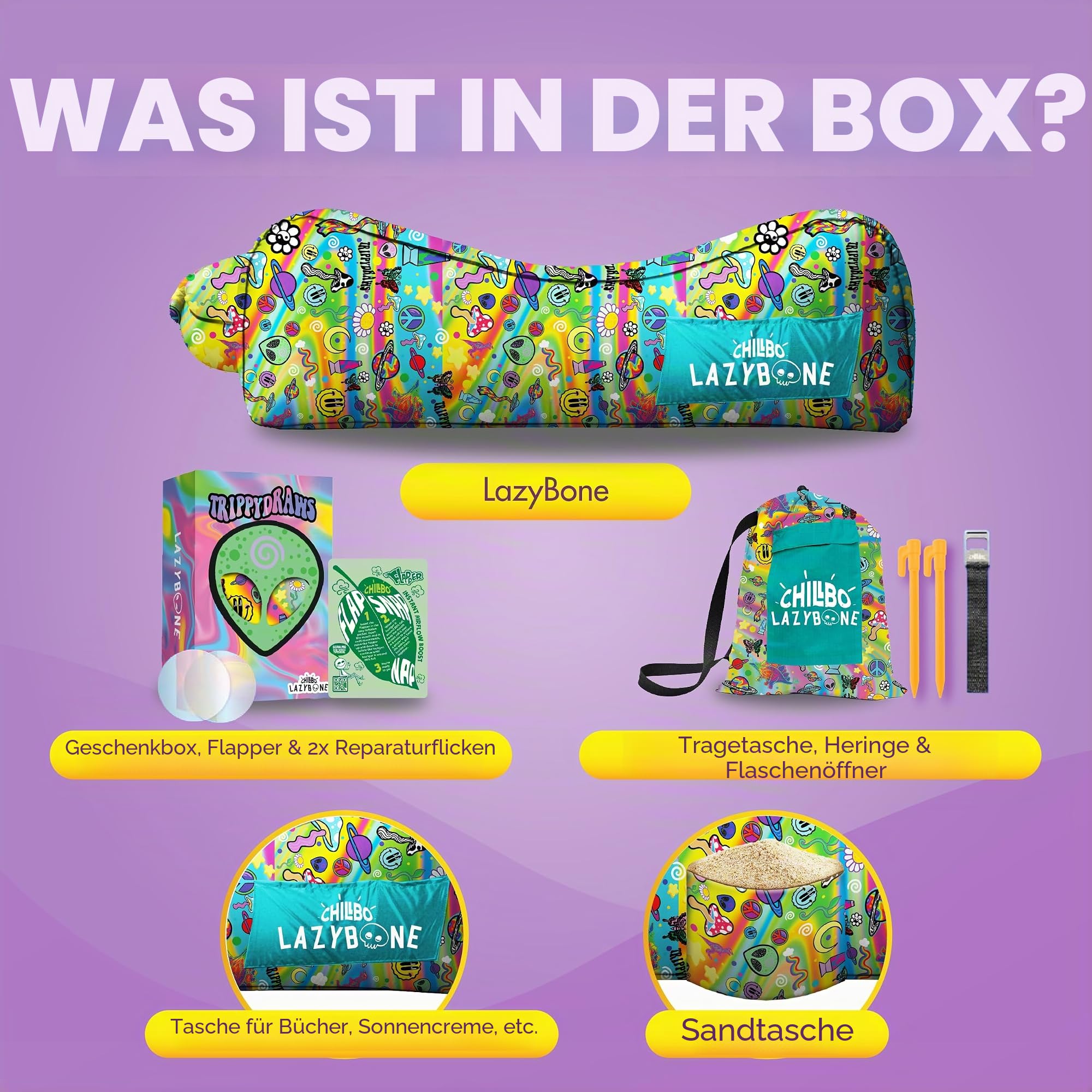 Chillbo x TrippyDraws Lazybone Aufblasbare Couch – Ultimative aufblasbare Liege für maximale Entspannung – Die perfekte aufblasbare Couch für Musikfestivals