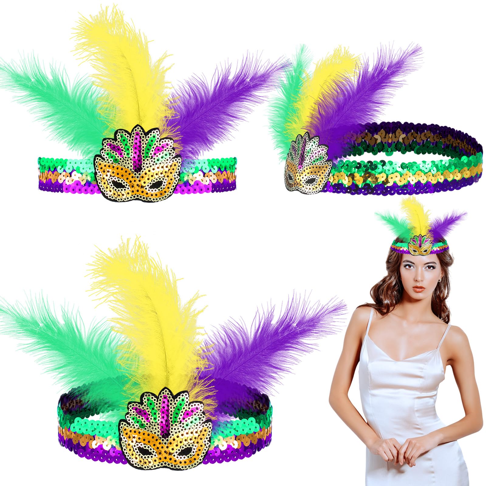 WILLBOND Mardi Gras Headband Sequin Headband for New Orleans Masquerade Mask Party Faux Feather Purple Cocktail Headwear