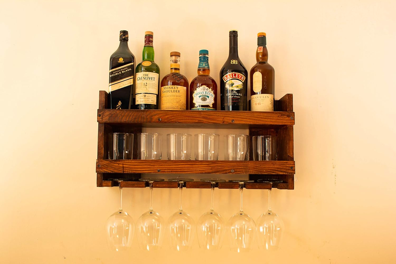Beverly Homez" Wall Mounted Solid Wood Mini Bar Shelf with Whiskey