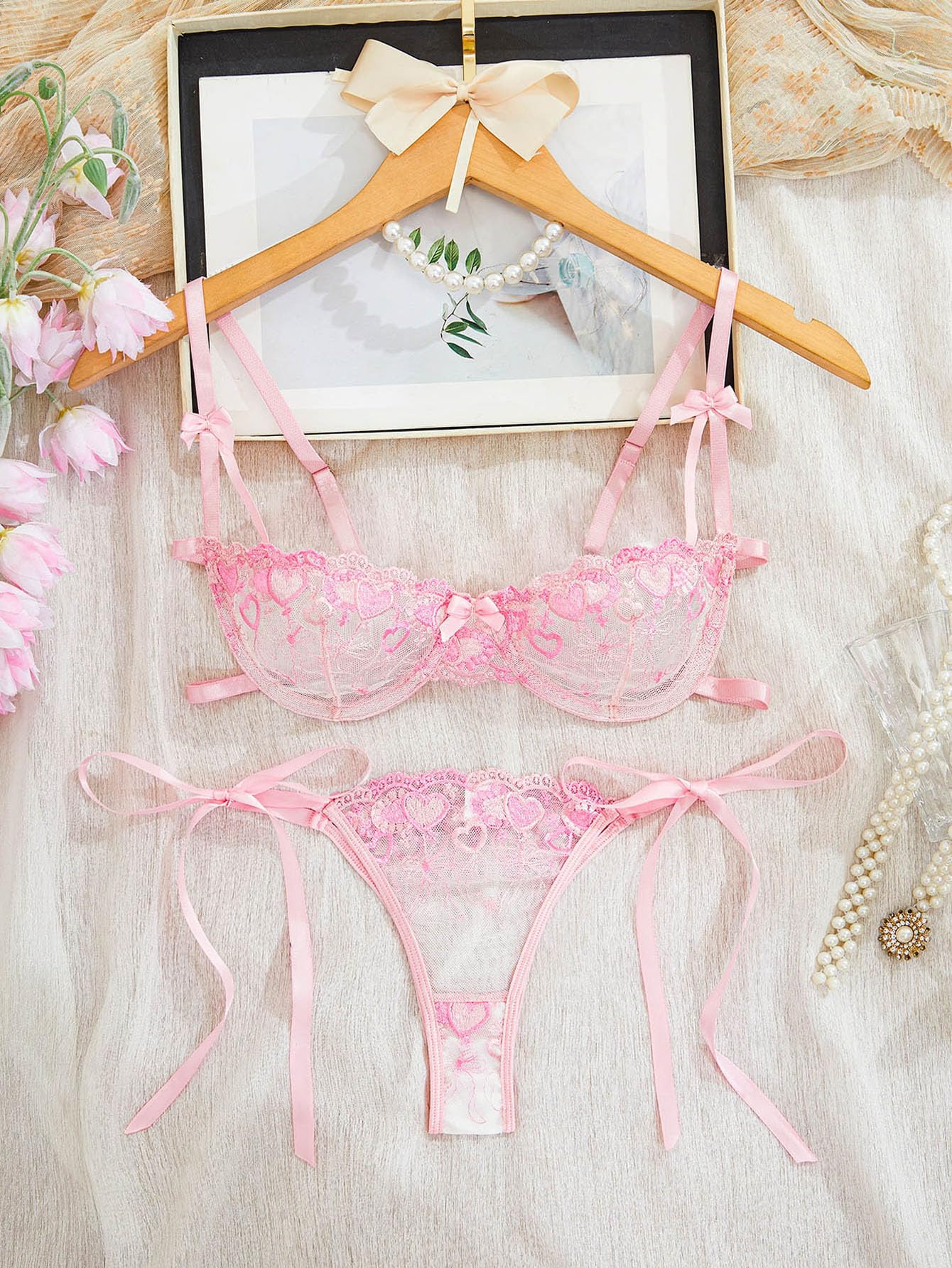 Lilosy Sexy Tie Side Cute Underwire Push Up Strappy Embroidered Mesh Sheer Lingerie Set: Bow X-Large Bow Hearts Pink