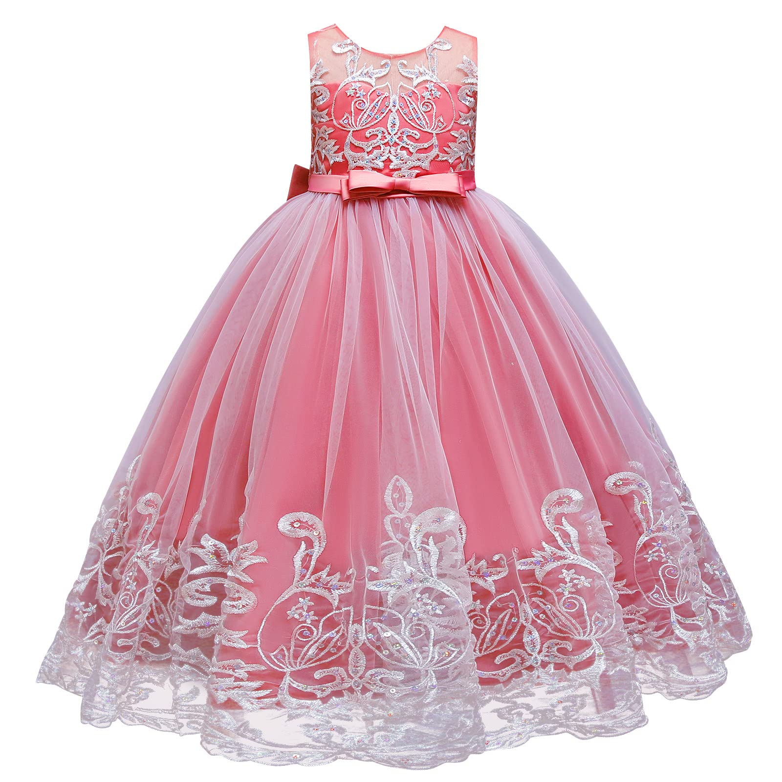 Flower Girl Lace Dress for Kids Wedding Bridesmaid Pageant Party Formal Long Gown Princess Communion Tulle Bow Dresses