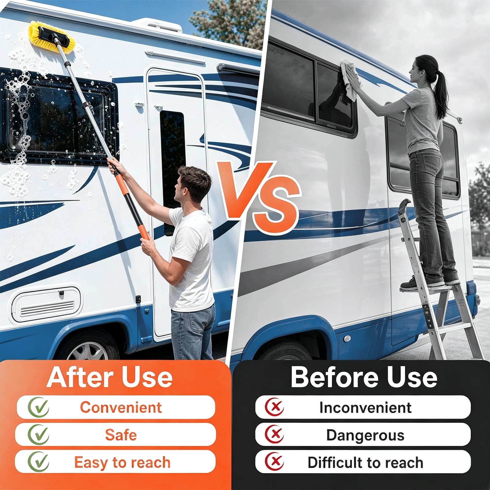 Spazzola telescopica per lavaggio auto, con manico lungo, con setole morbide, estensibile, per camion, camper, barca, pannello solare, kit con asta regolabile da 1,2 a 4,5 m, con bloccaggio