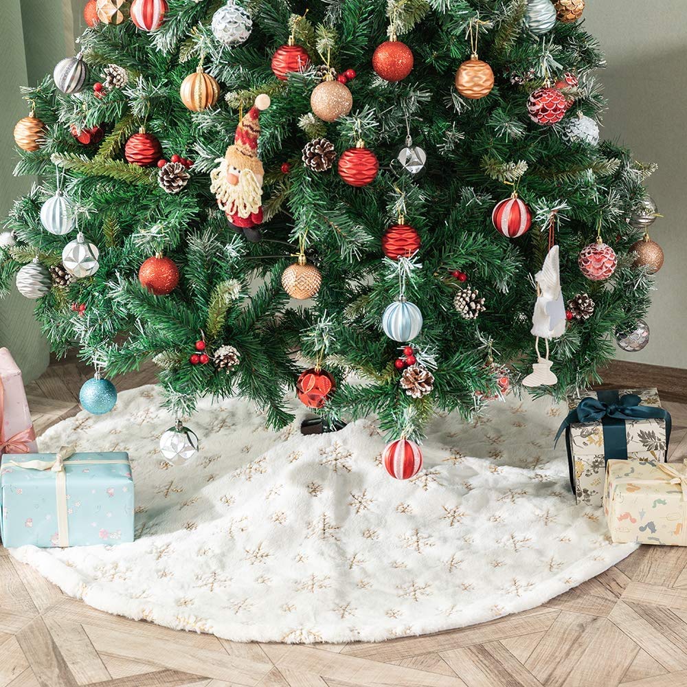 White Plush Christmas Tree Skirt - 30 Inch Diameter With Gold Foil Trees, Holiday Decor For Indoor/Outdoor - View #5