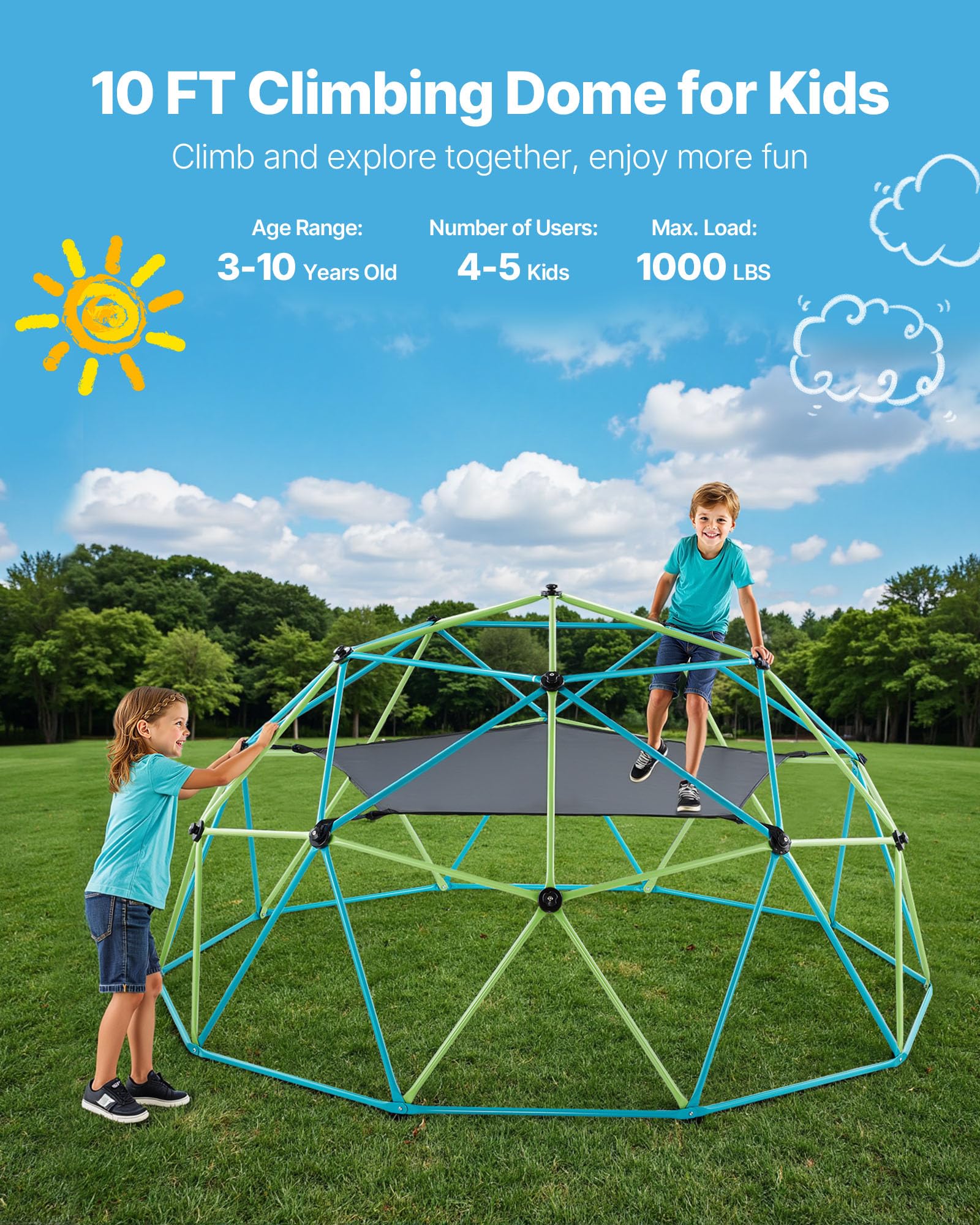VEVOR Struttura da Arrampicata Geometrica a Cupola Larghezza 305 cm con Altalena e Amaca, Capacità di Carico 453 kg, Attrezzatura da Arrampicata per Bambini dai 3 ai 10 Anni, Parco Giochi Giardino