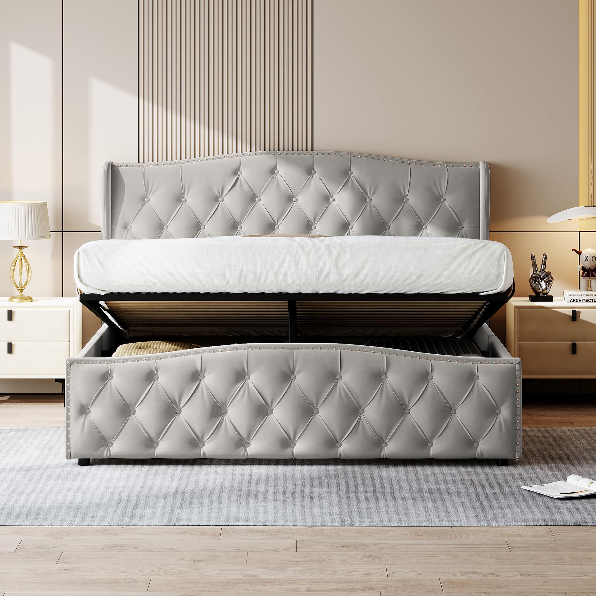 Letto matrimoniale - 180x200cm - Contenitore idraulico, LED e USB-C - Cotone - Grigio - SENZA MATERASSO (210x190x101cm) | Leroy Merlin