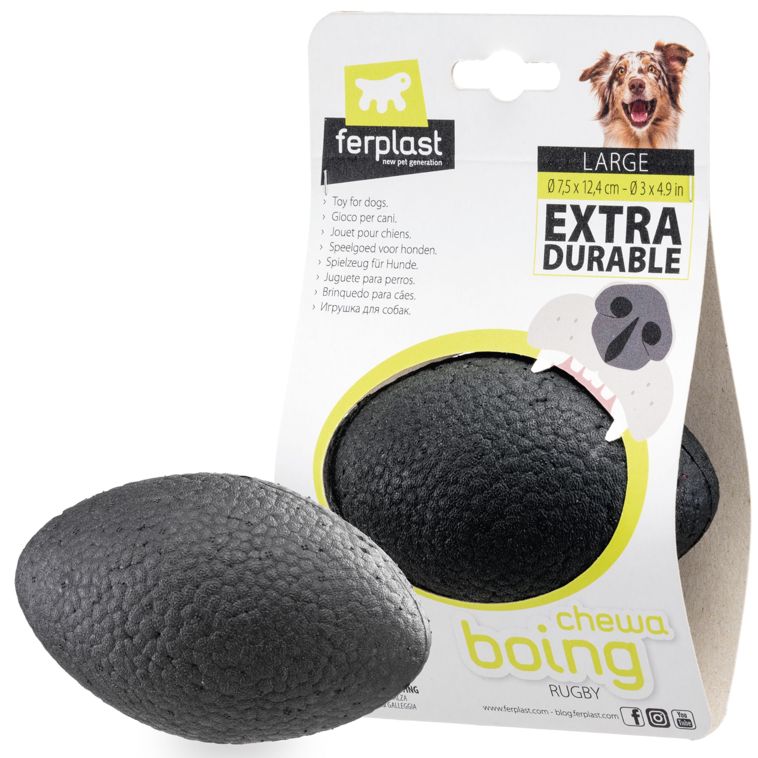 Ferplast CHEWA BOING RUGBY Dog Toy Ultra Durable – Extra Bounce \u0026 Floating  – Innovative Chewing-Resistant Material – 3D Texture for Dental Hygiene –  Italian Design – Size L, Black – BigaMart, image size:2560x2560