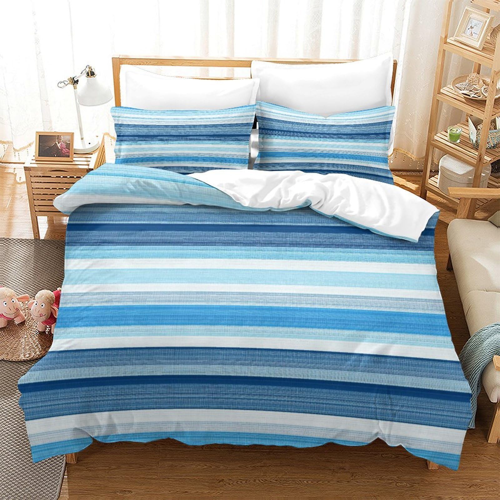 Stampa 3D Blue stripes Copertura per letto Microfibra Biancheria per letto Con federa Traspirante Modern home decor Fodera copriletto Leggero per giovani coppie coinquilini Super king（260x220cm）